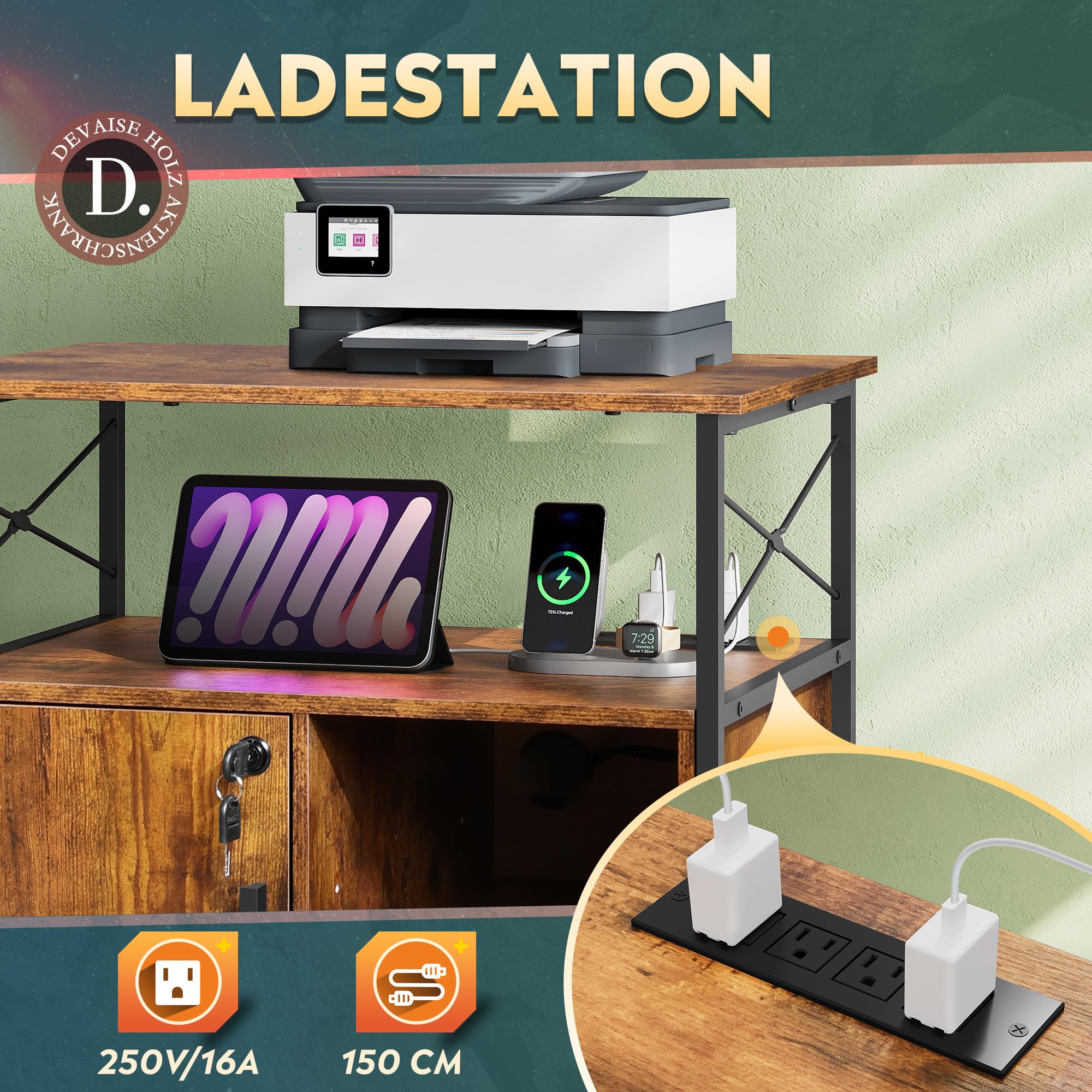 DEVAISE Druckertisch mit Ladestation, Rollcontainer mit Rollen und offenen Ablagen, Druckerschrank abschließbar für Büro und Home Office, Retro Braun