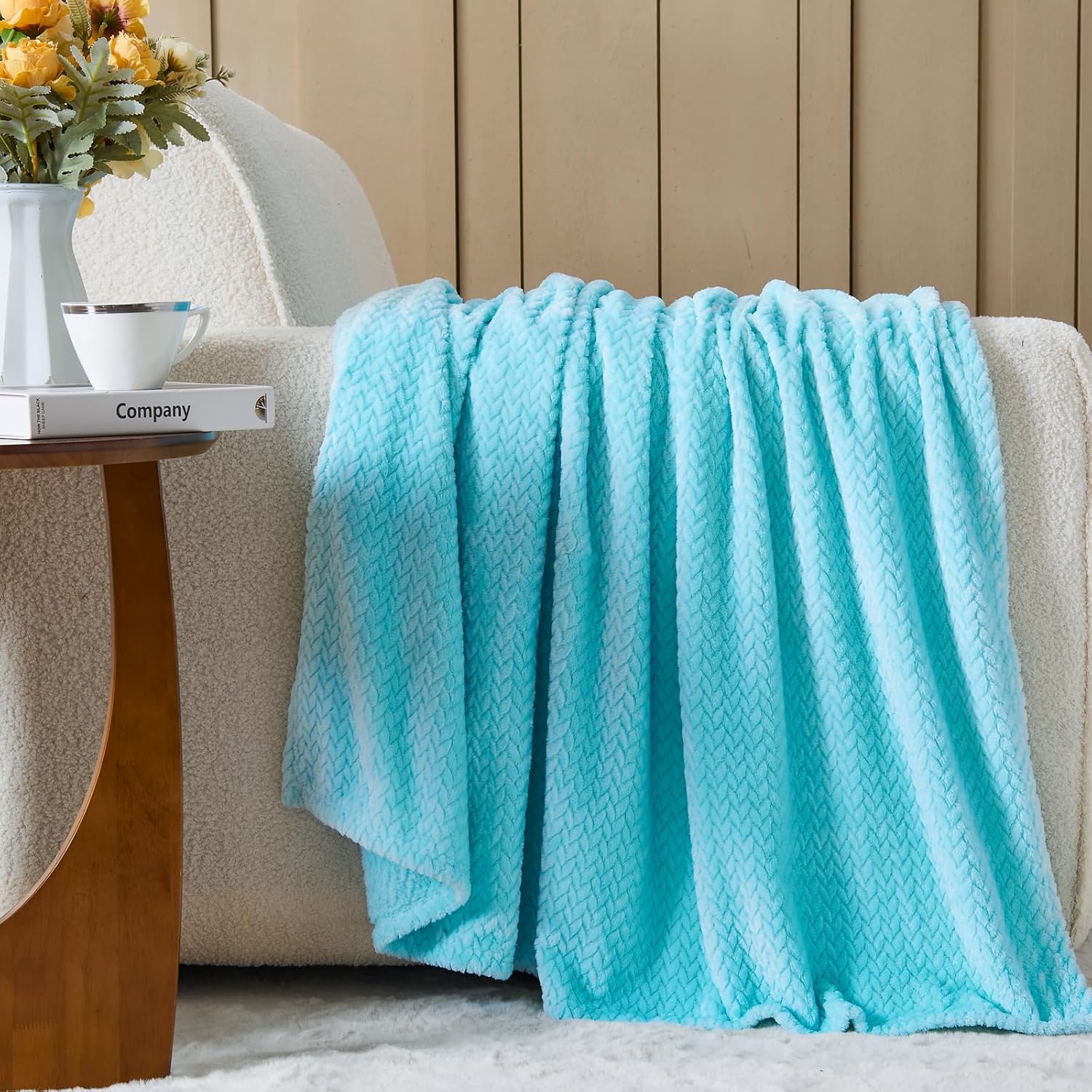 NEWCOSPLAY Super Soft Throw Blanket Turquoise Premium Silky Flannel Fleece Leaves Pattern Lightweight Bed Blanket All Season Use (Turquoise, Throw(50"x60")) - Image 2