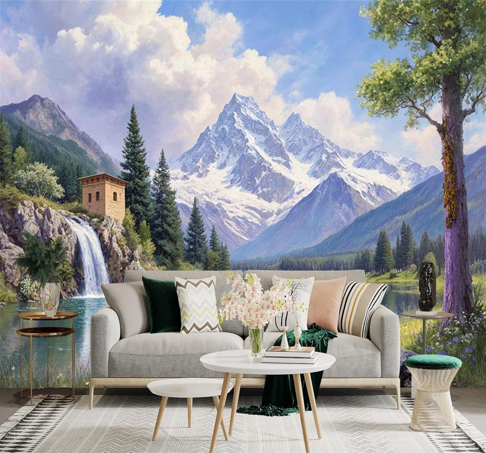 XLMING Waterfall Lake Cottage Deer Mountain Scenery 3D Wallpaper Silky Texture Home Study Office Grey Dining Room Sofa Bedroom Living Room TV Backdrop-400cm×280cm