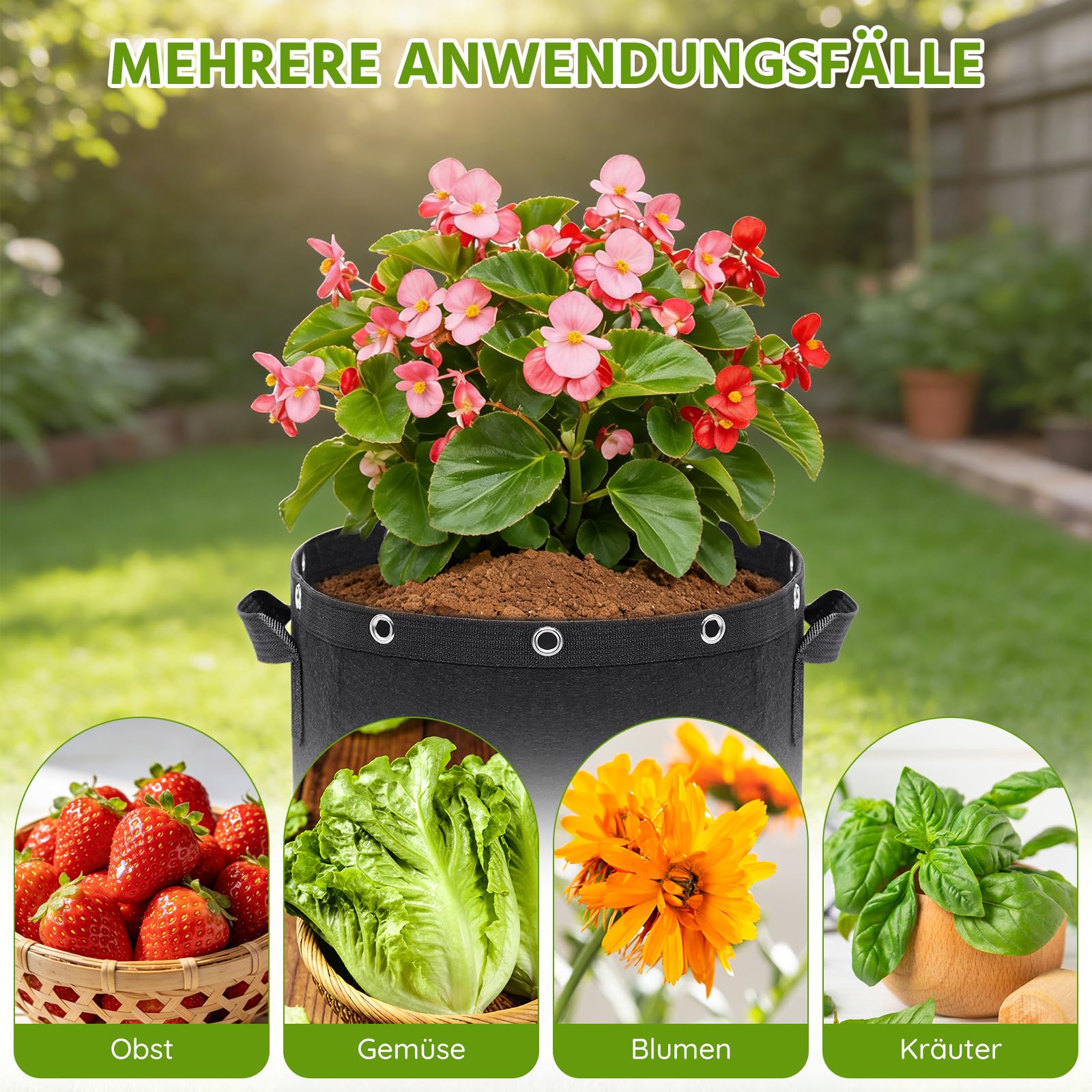 Newthinking Pflanzsack 11L, 6 Stück mit Griffen – Robuster Stofftopf für Tomaten, Kartoffeln, Erdbeeren, Blumen und Garten