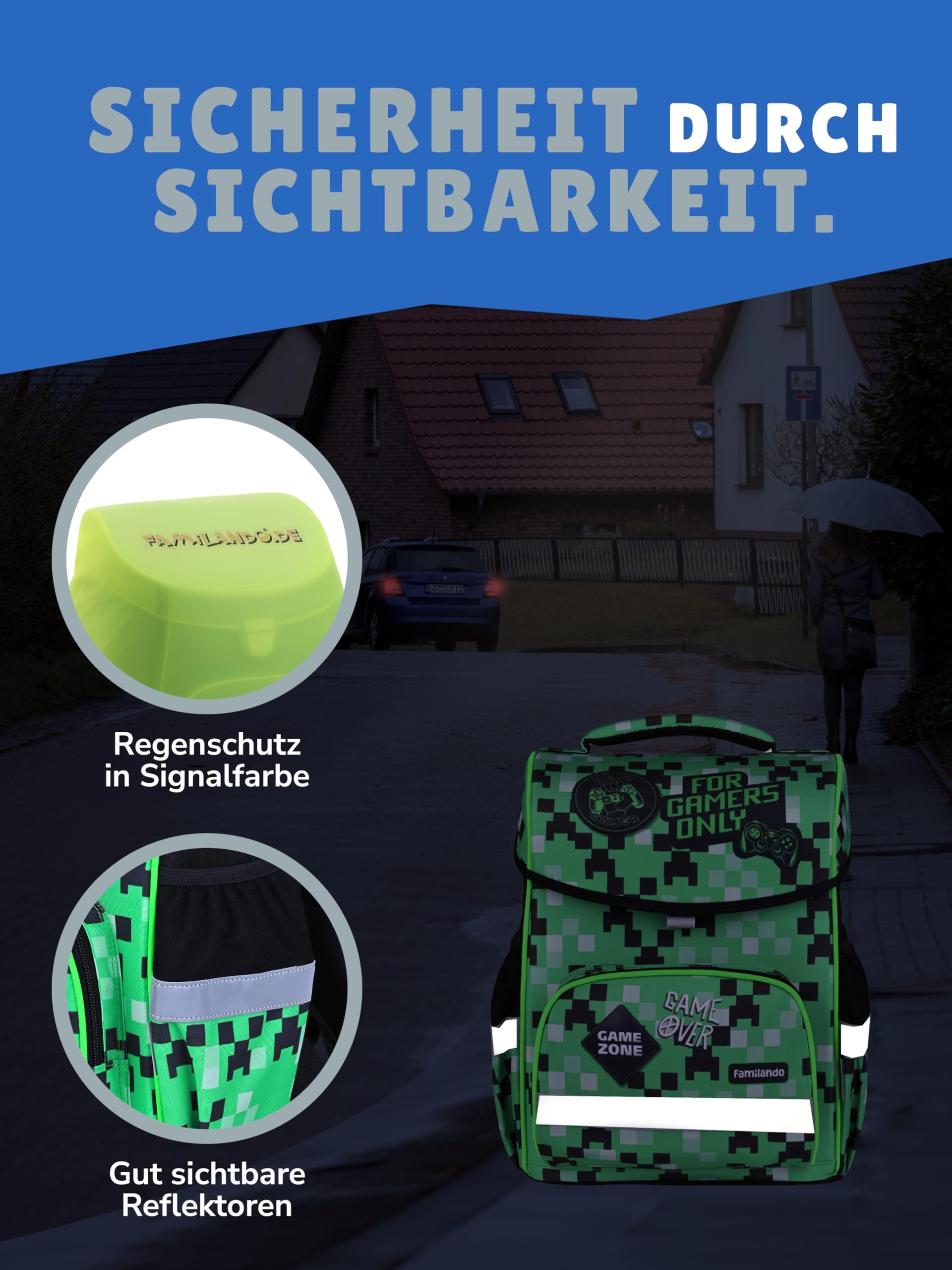Familando - Basic Plus Schulranzen Set 10-teilig mit Schultüte - Playworld Gaming Pixel - Ergonomisch, stabil & mit gepolstertem Rücken - 850g leicht - 15L Volumen - Mit Reflektoren - Ab 1. Klasse