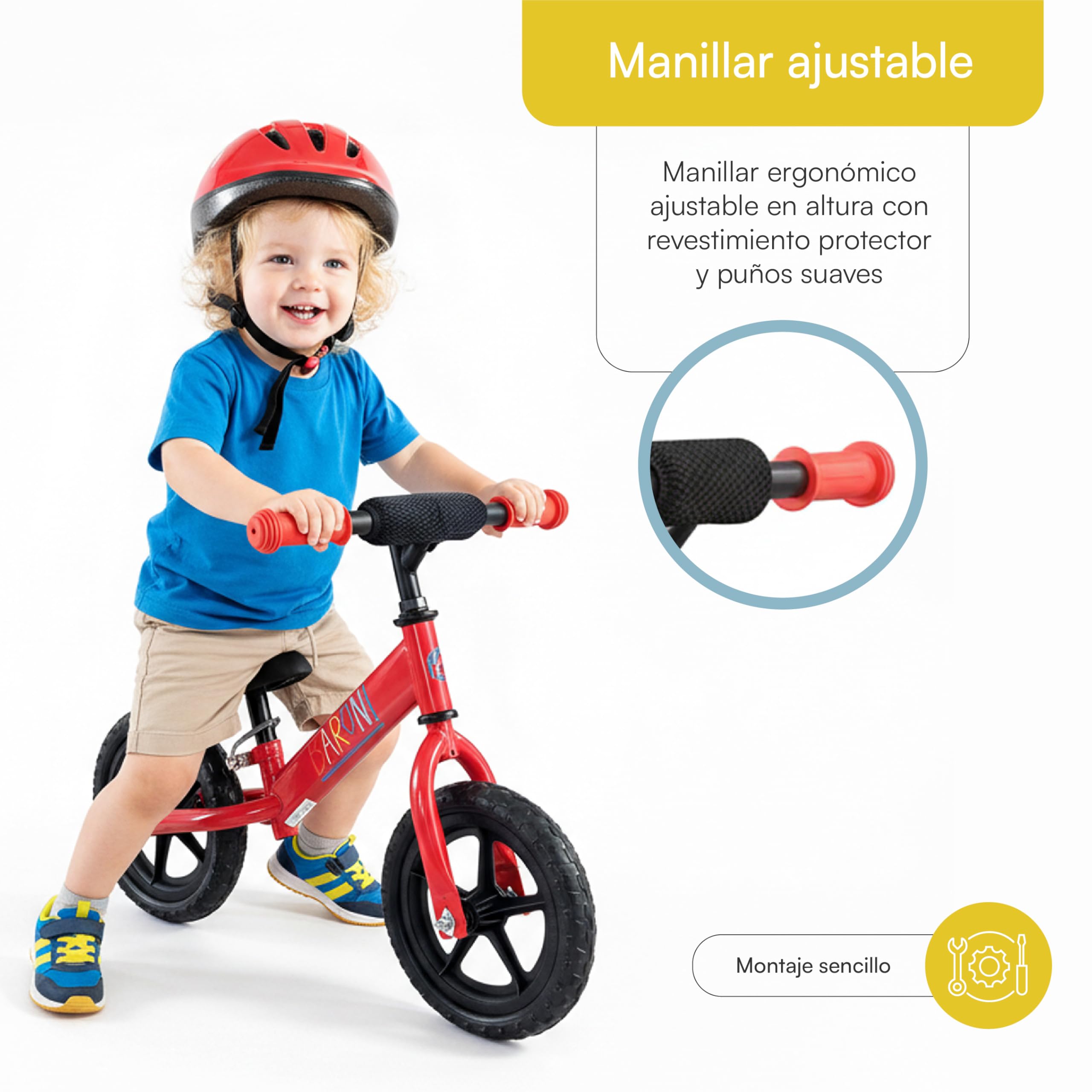 Baroni Toys Bicicleta sin pedales para niños a partir de 3 años, bicicleta equilibrada con manillar y sillín ajustables, ruedas perforadas antideslizantes, capacidad de carga 45 kg, ideal para