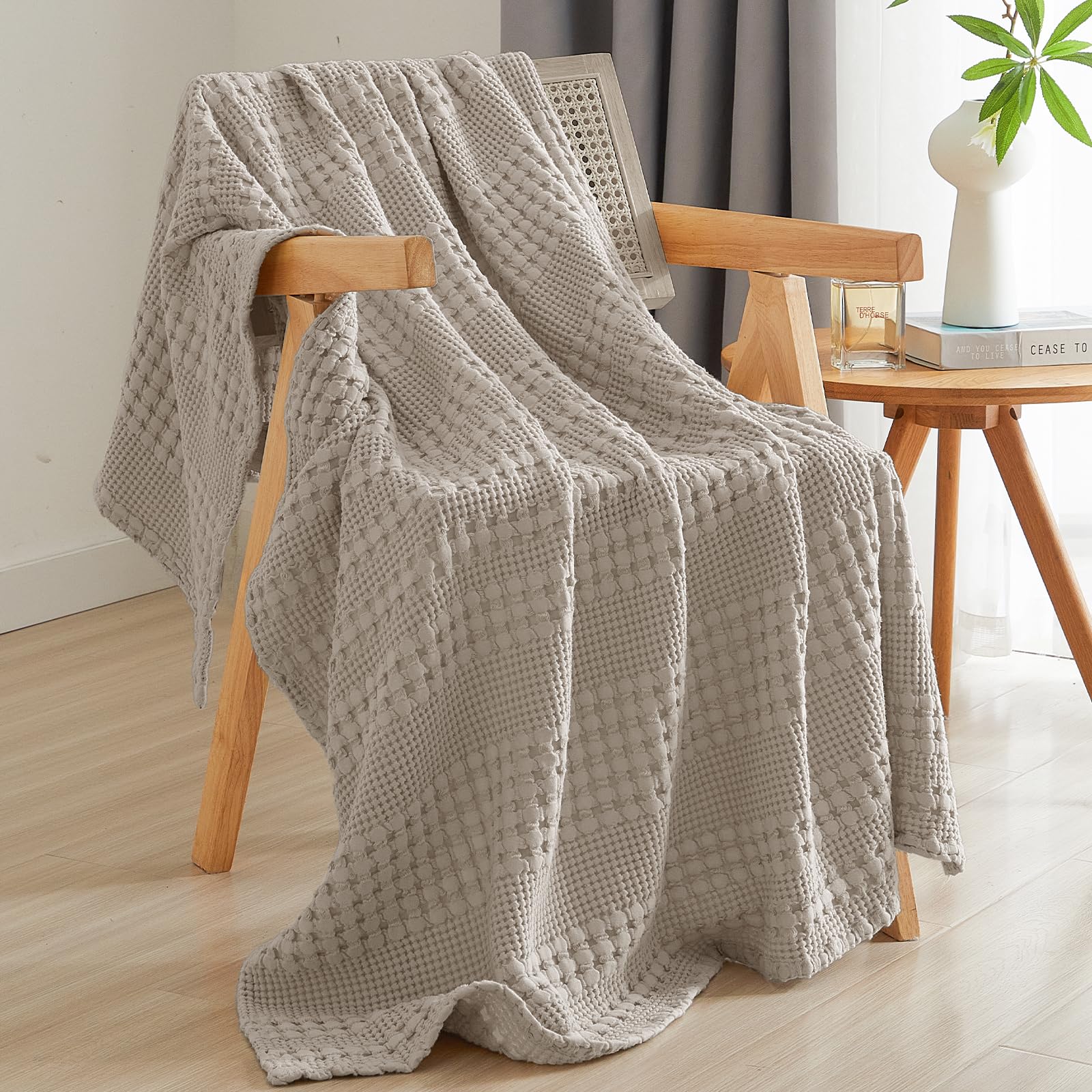 phf 100% cotton waffle weave throw blanket, soft lightweight breathable cozy throws for couch bed sofa, luxury aesthetic blanket gift for home decor & office, 50"x60", pearl gray