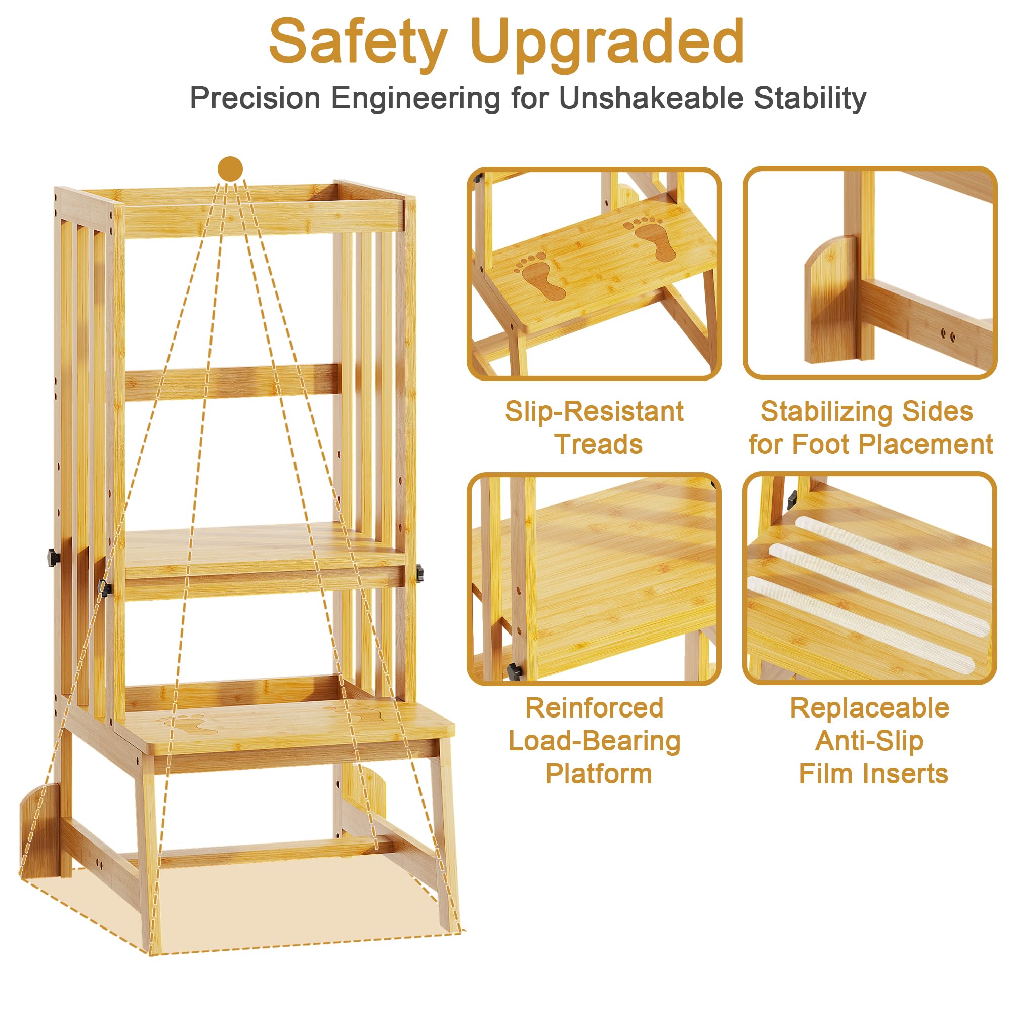 BAMBOOHOMIE Sgabello da cucina per bambini, torre in piedi regolabile in altezza con piedini antiscivolo, sgabello per l'apprendimento dei più piccoli per bancone della cucina o lavandino del bagno