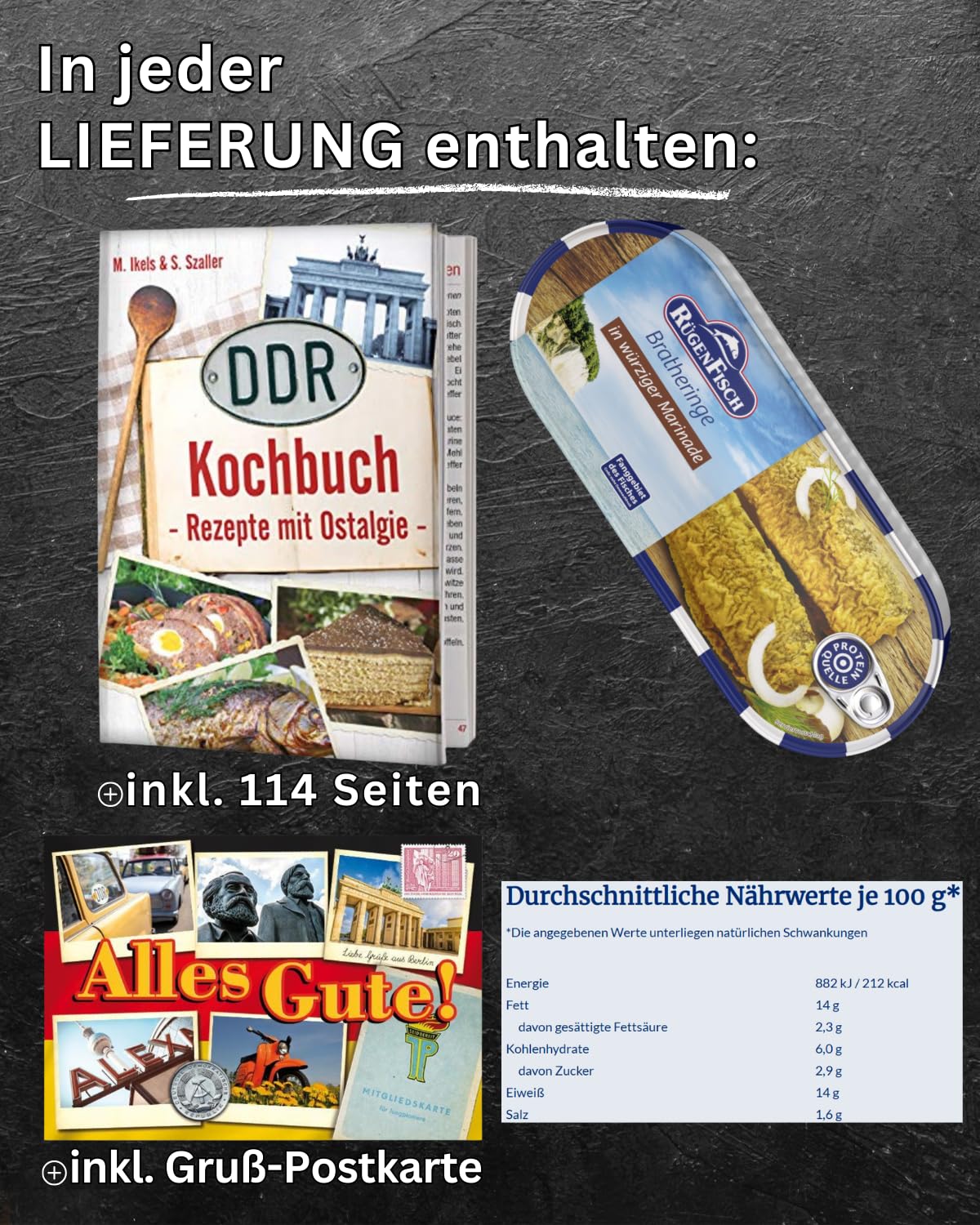 Rügenfisch 12x Brathering in Würziger Marinade, 500 g Dose, 6 kg Vorrat | Gebratener Hering mit Zwiebeln, Fischkonserve als Proteinquelle, inklusive DDR Kochbuch und Ostalgie-Karte