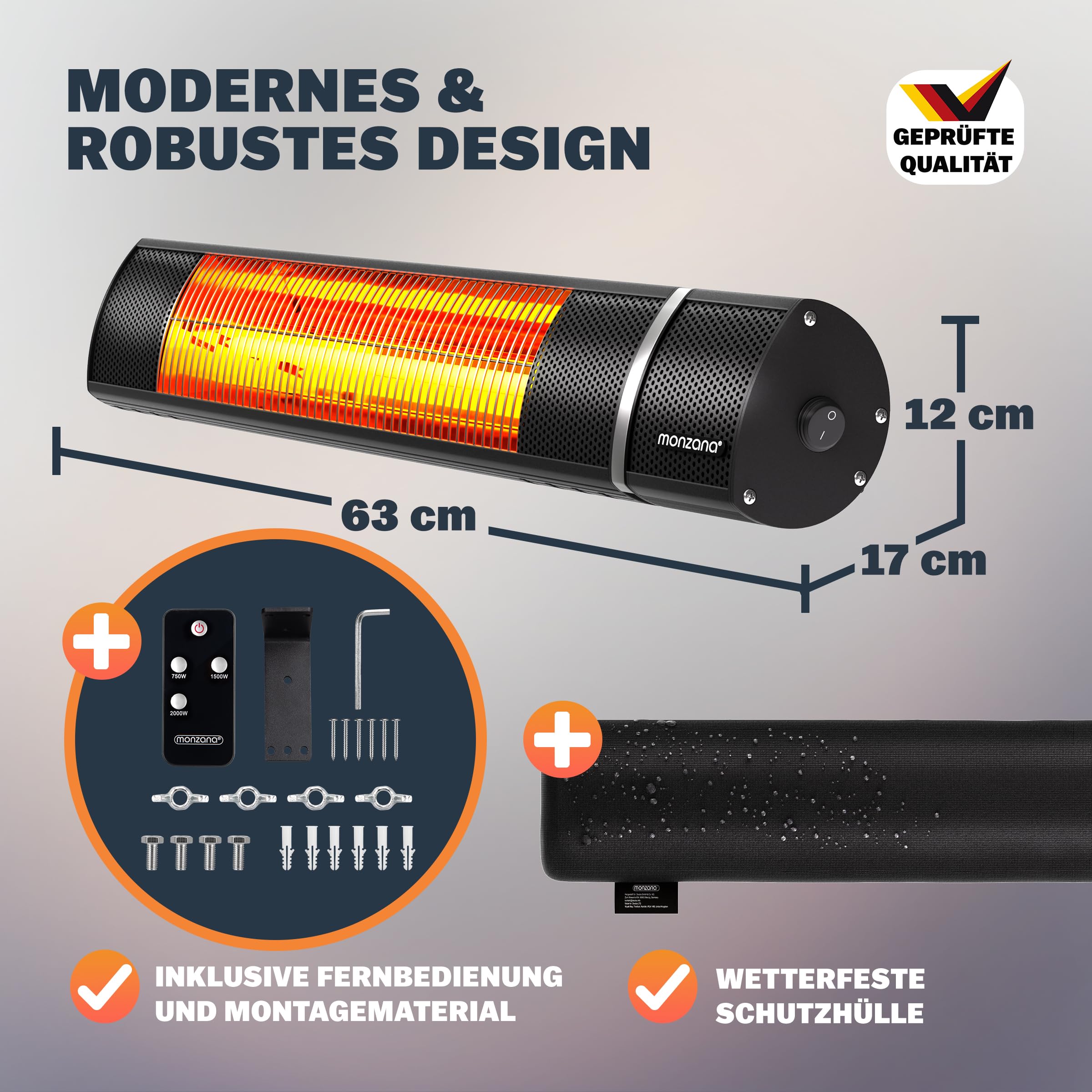 MONZANA Stufa Elettrica a Infrarossi 2000W 3 Livelli di Calore Telecomando Esterno