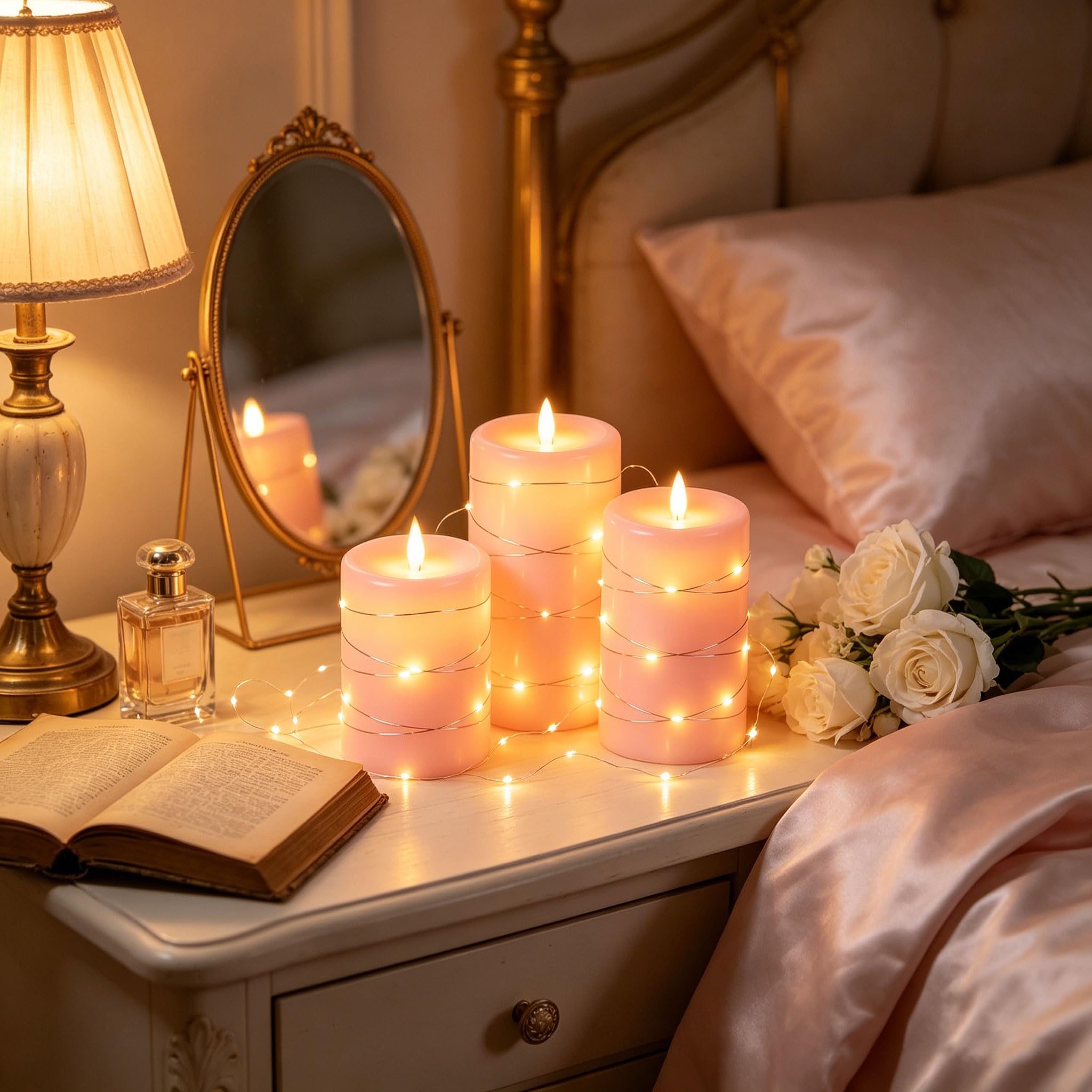 Da by 3 Candele LED Rosa in Cera Naturale, Luci Fatate Avvolgenti, Fiamma Tremolante Ultra Realistica, 1 Telecomando, Misure Assortite, Riutilizzabili per Decorazioni Interno ed Esterno