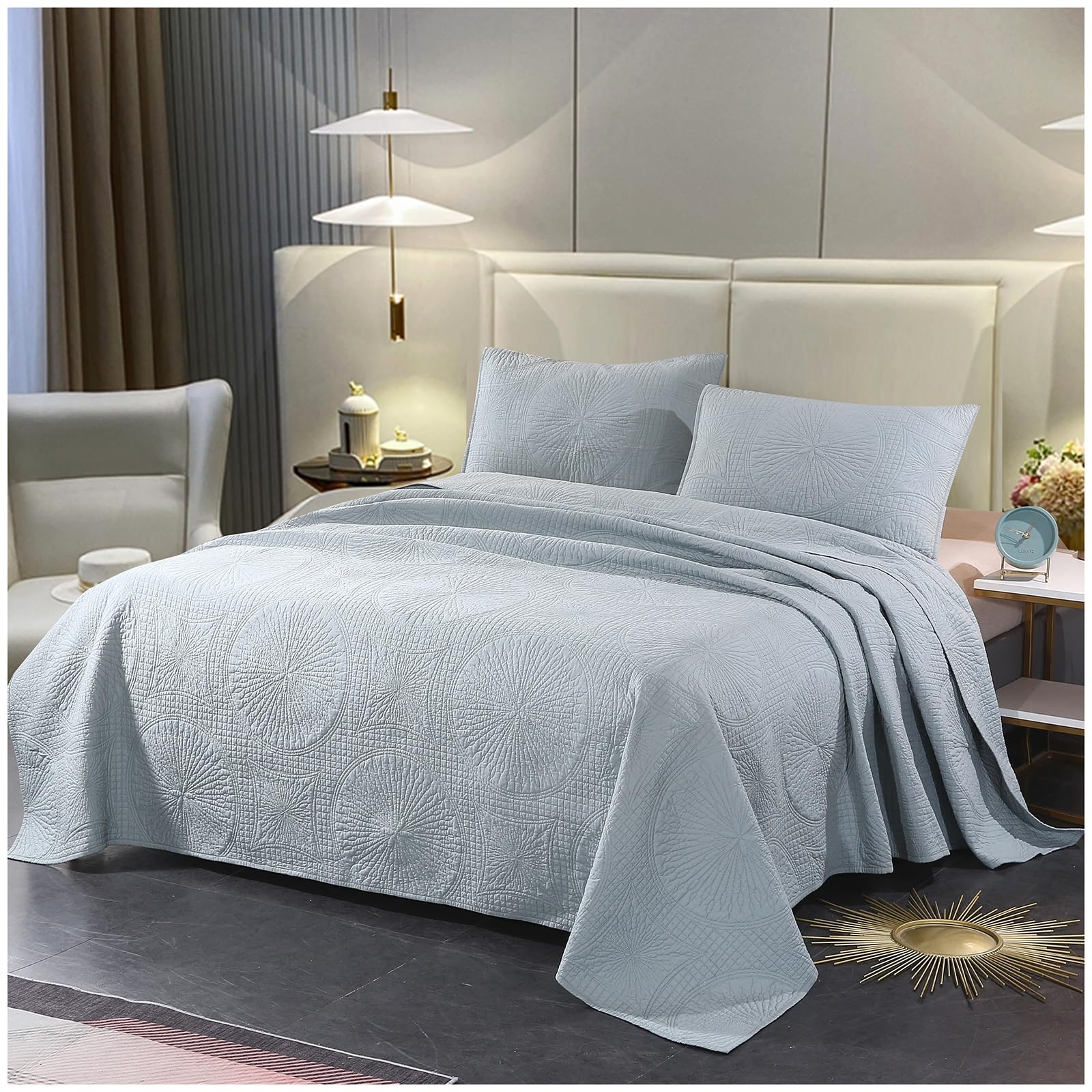 Couvre-lits matelassés king size 2 personnes bleu avec taies
