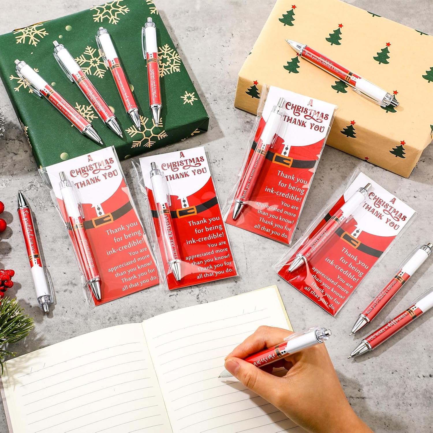Kosiz 50 Set Christmas Appreciation Gifts for Coworkers Santa Claus Inspirational Ballpoint Pens with Christmas Thank You Cards Motivational Pen for Xmas Party Favor Employee Team Teacher, 10 Styles