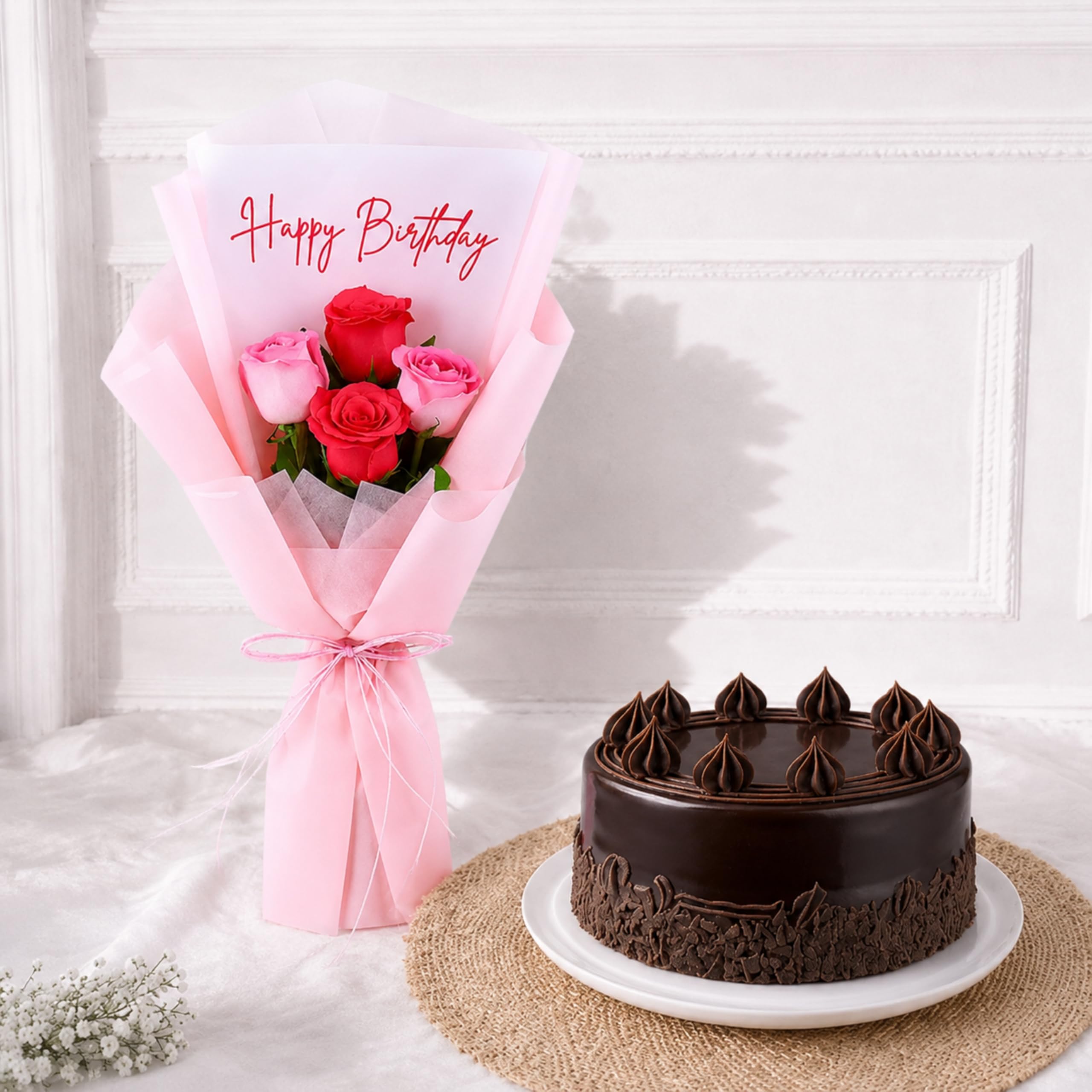 FNP Pink Rose Bouquet with Eggless Truffle Bento Cake Combo | Fresh Aqua Pink & Dark Pink Roses Arrangement-image-46