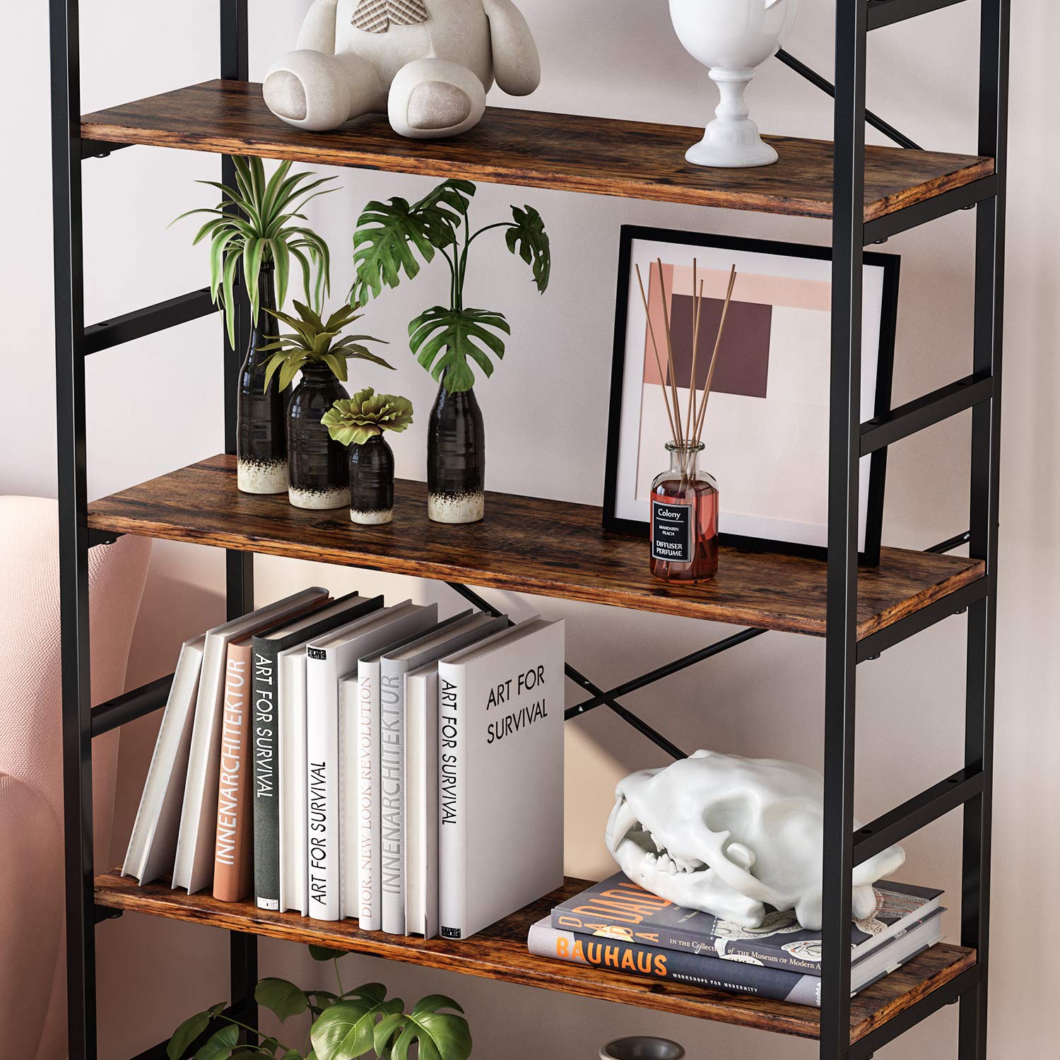 CosyStar 6Tier Adjustable Tall Bookcase, Rustic Wood and Metal