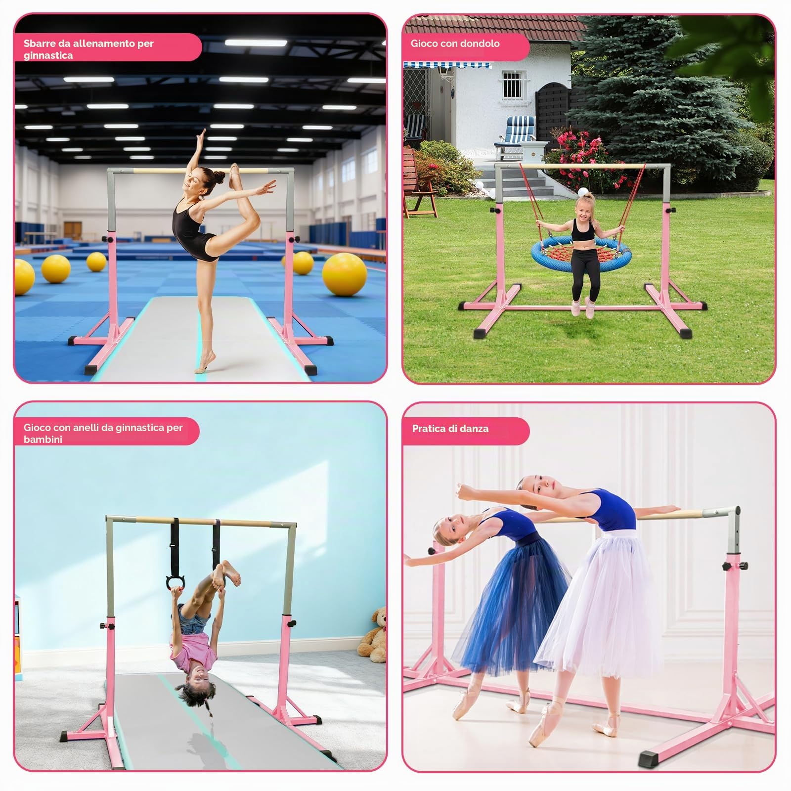 FBSPORT Trave Ginnastica Artistica per casa,Bar Orizzontale della Barra parallele Ginnastica per Bambini con Anelli ginnastici, 13 Attrezzature di Allenamento Regolabili in Altezza
