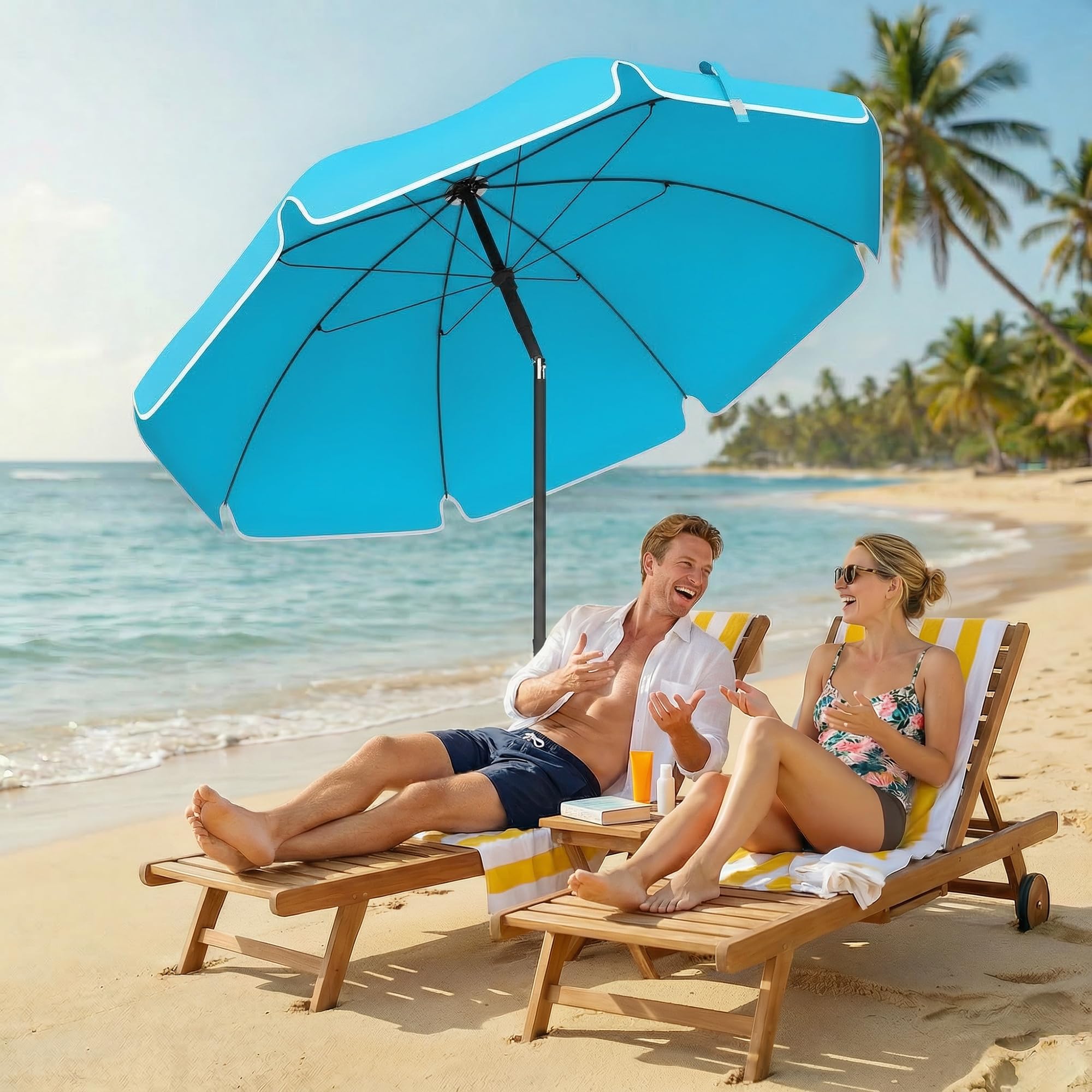Outsunny Sonnenschirm Strand Ø150 cm Strandschirm mit Sonnenschutz wasserabweisend, Balkon-Schirm mit verstellbarem Neigungswinkel Sandanker, Tragetasche, Gartenschirm für Camping Reisen, Blau