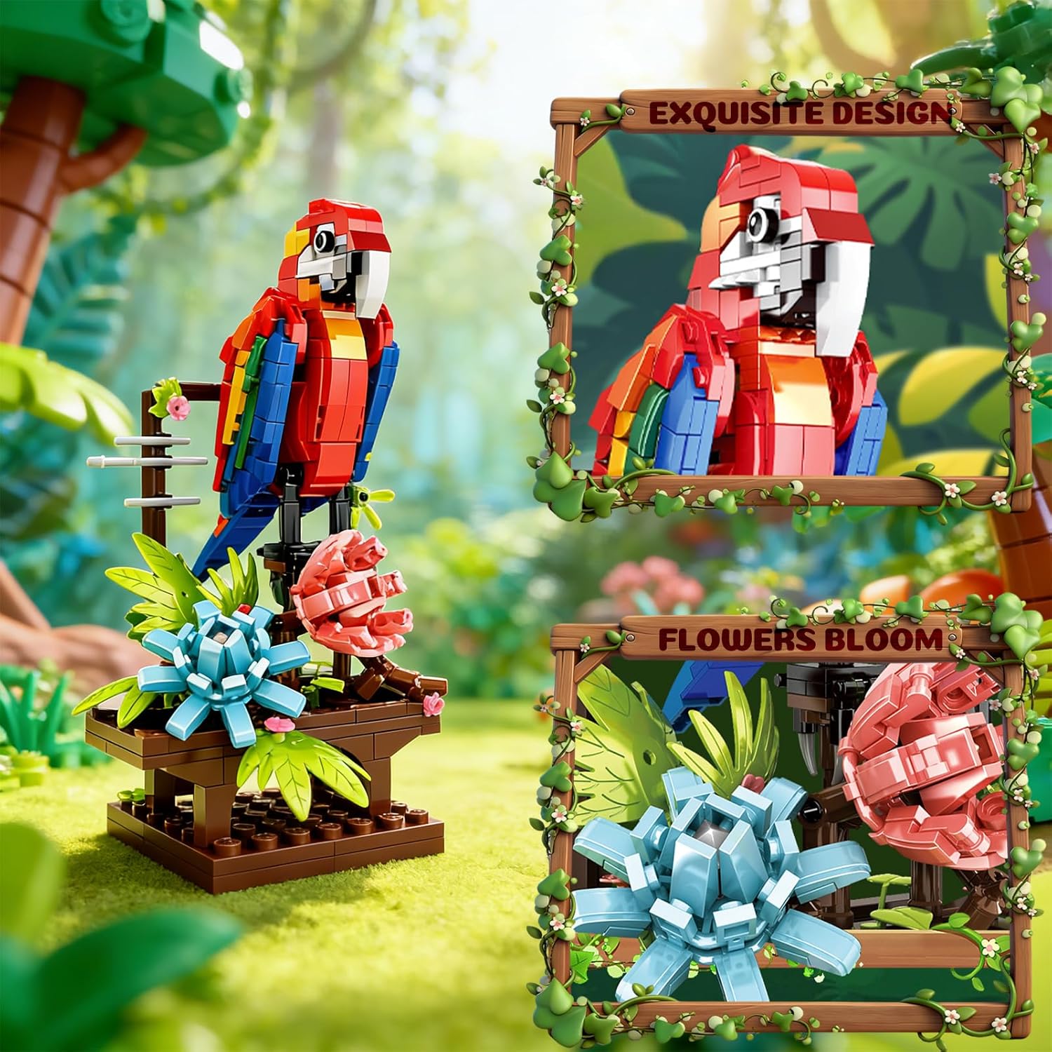 Close-up image of the assembled Parrot model with its colorful body, wings, and tail, perched on a brown stand with blue and red floral decorations.