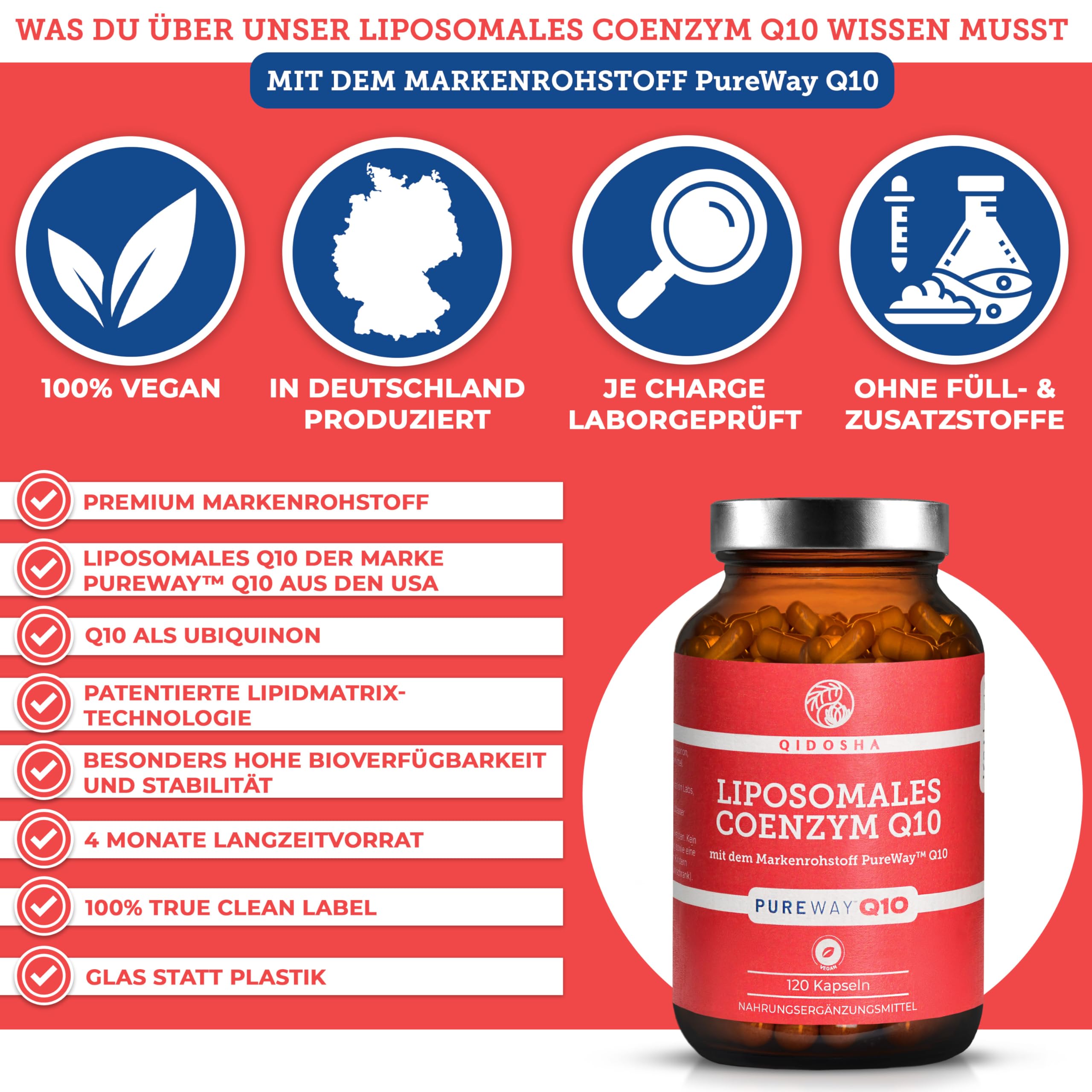 QIDOSHA® Coenzym Q10 liposomal mit dem Markenrohstoff "PureWay™ Q10", 120 Kapseln im Apothekerglas, hohe Bioverfügbarkeit, echte liposomale Technologie, deutsche Fertigung, jede Charge laborgeprüft