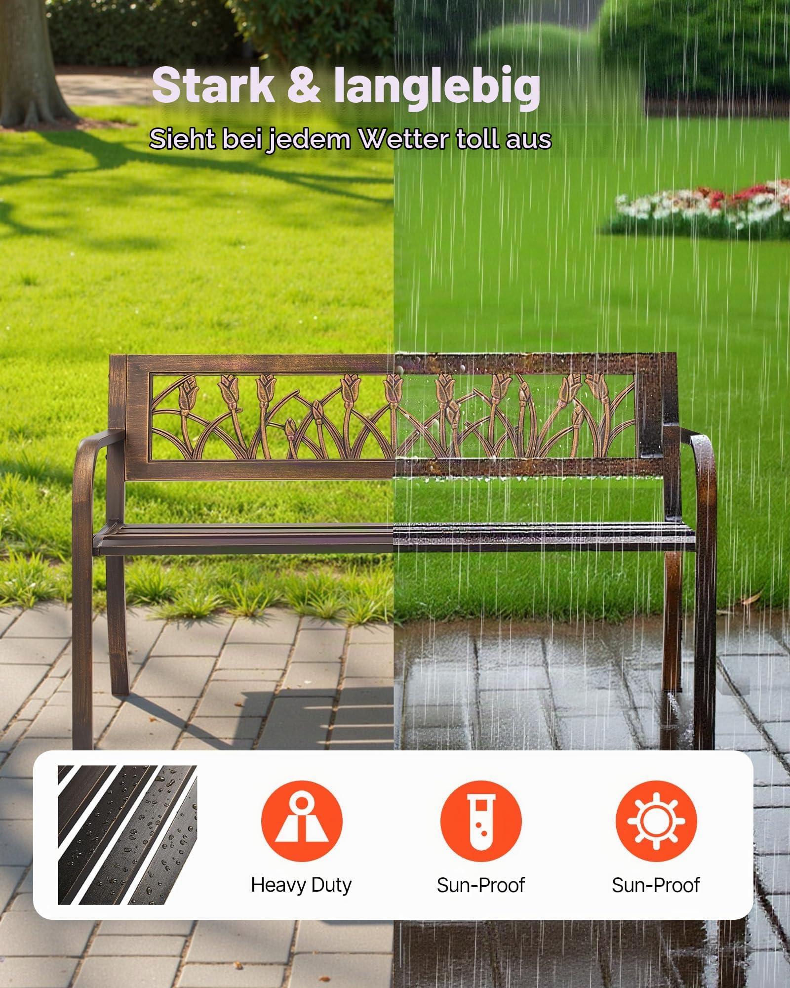 VEVOR Gartenbank Gartenmöbel Bänke 127 cm 250 kg Tragkraft, Terrassenbank mit Metallrahmen aus Karbonstahl Balkonbank mit PVC-Blumenmuster und Armlehnen mit abgerundeten Kanten Antikbronze