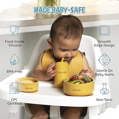 Miniatura 6 de Bouncy Baby Juego de alimentación de bebé de silicona, 8 piezas de suministros de destete LED para bebés con platos y utensilios para bebé, cuchara