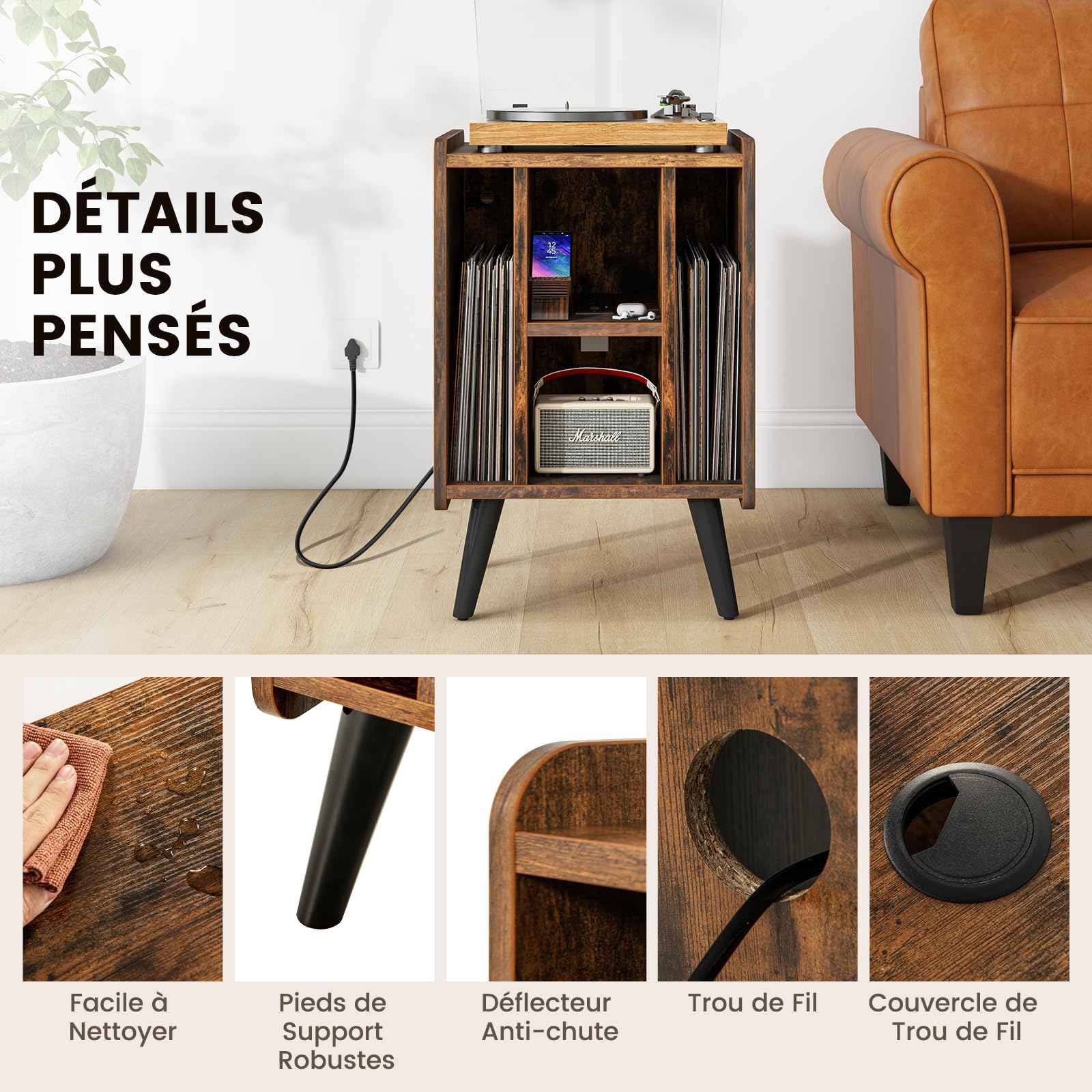 COSTWAY Table d’Appoint avec Station de Charge,2 Prises,1 USB Charge Rapide,1 Type-C,Pieds en Métal,Bout de Canapé, Armoire Meuble Tourne-Disque Vinyle avec Prise pour Salon Chambre (Marron Rustique)