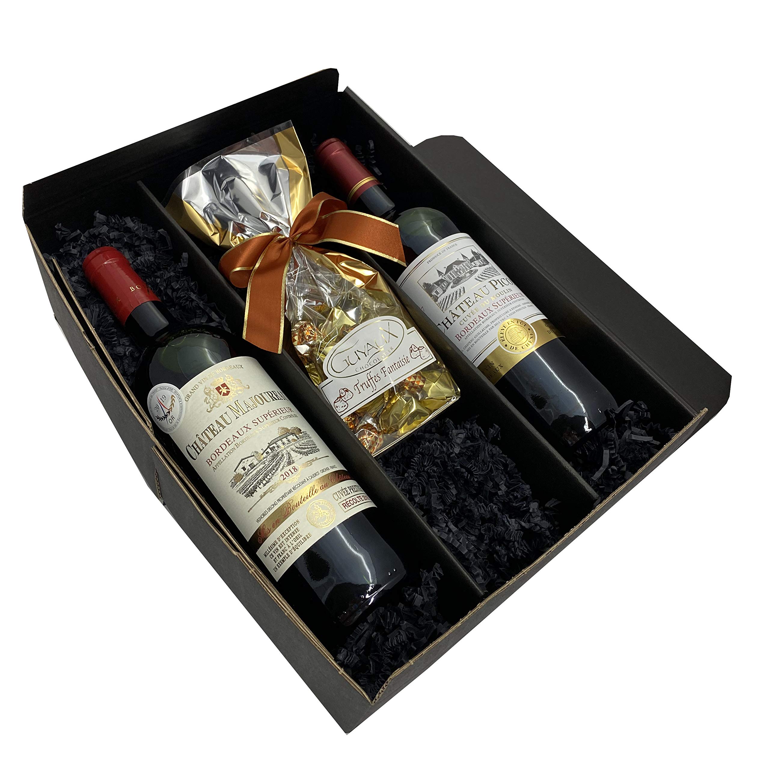 Geschenkset Bordeaux | 2 hochwertige französische Rotweine aus Bordeaux mit Goldmedaillen-Prämierung trocken | 1 x feinste französische Schokoladentrüffel