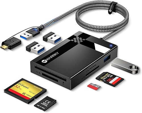 Lector de Tarjetas SD 7 en 1, WARRKY [Conector Dual USB3.0/USB C, Cable de Nylon de 2.5 Pies] Hub Adaptador de Tarjeta de Memoria de Cámara para