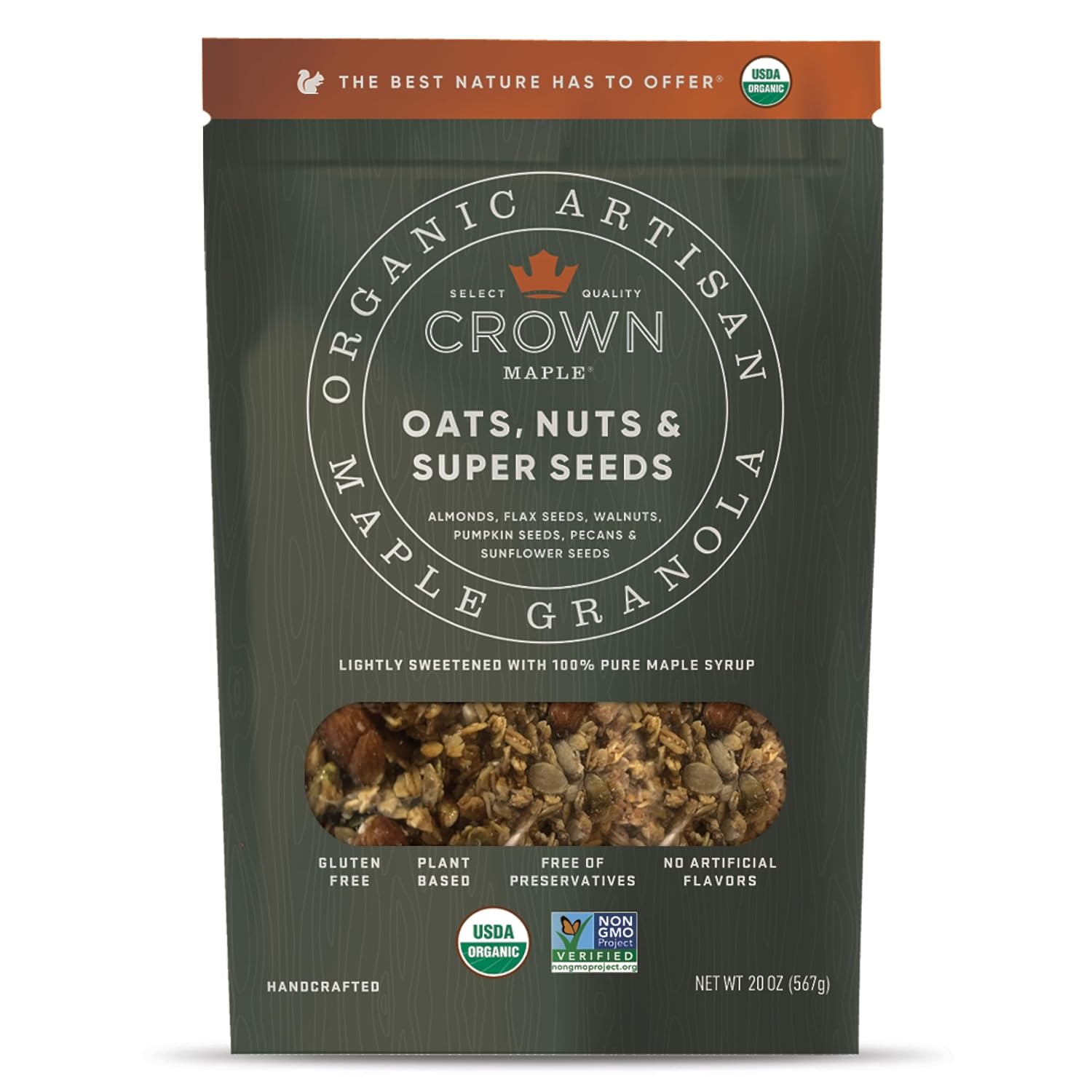 Crown Maple Organic Artisan Maple Granola – Oats, Nuts & Super Seeds, Lightly Sweetened with 100% Pure, Organic Maple Syrup, 20 Oz (8 Pack)