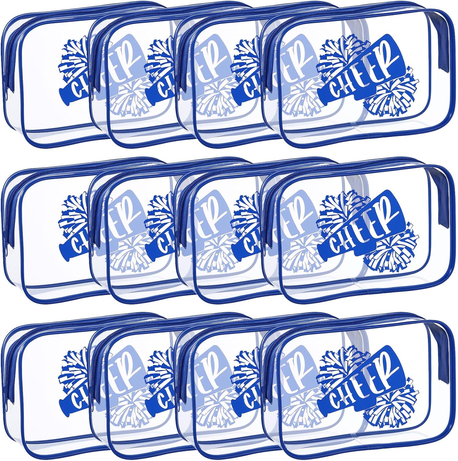 12 Pcs Cheer Makeup Bag Clear, Cheer Gifts Bulk for Team 7 x 4.7 x 2.4'' Cosmetic Bag Cheerleader PVC Makeup Case Clear Toiletry Zipper Pouch for Cheerleading Teammates Party Supplies, Blue