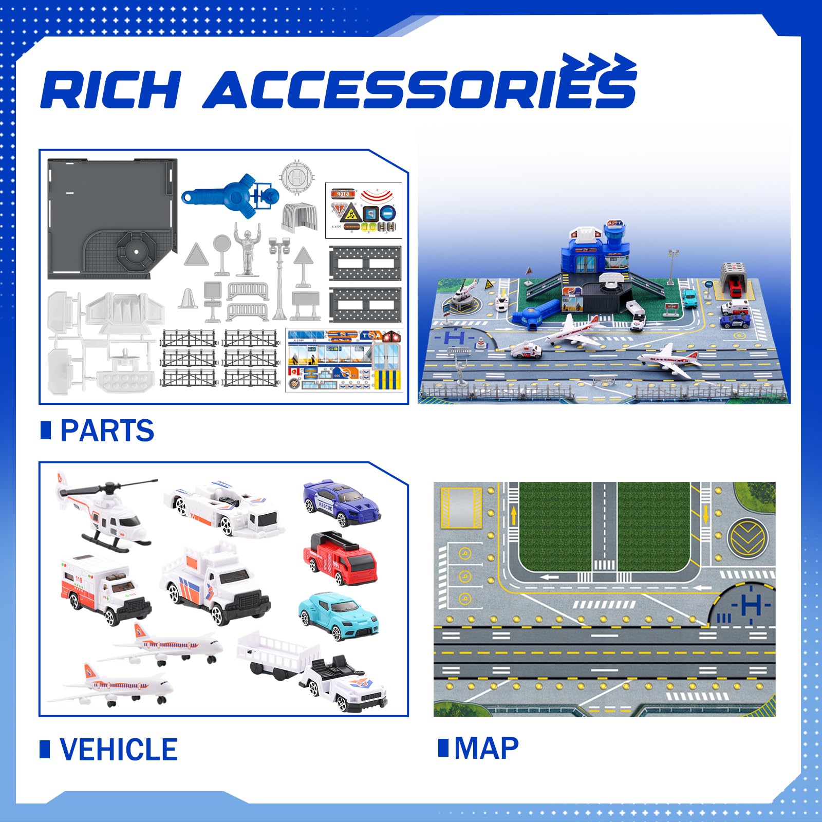 Airport Toys Airplane Car Toy Set for Kids with Trucks Helicopter, Planes, Signs, Fire Trucks Race Cars and Airport Playmat - Image 3