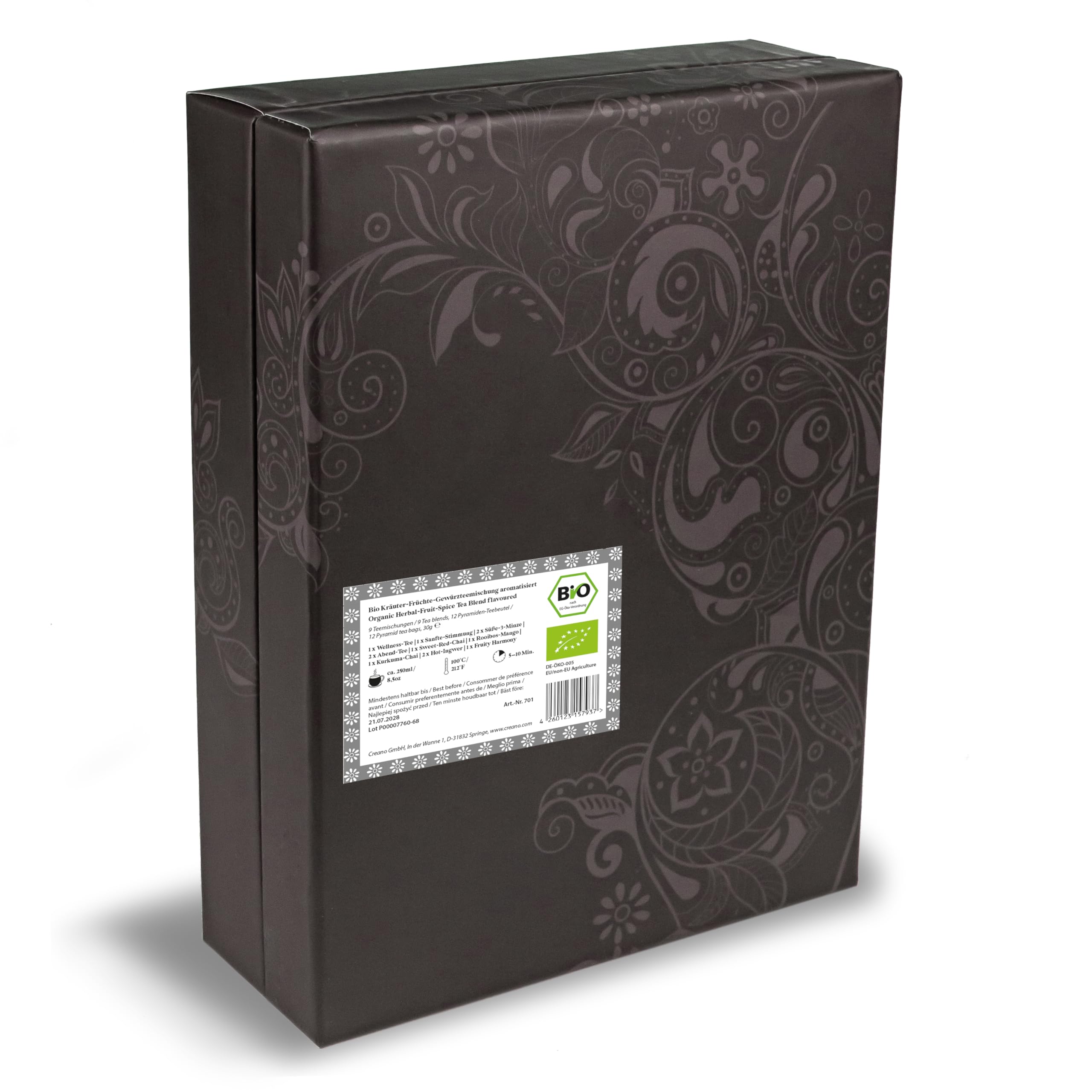 Creano Set de Regalo de Té Bio Premium Pyramide Infusión de Hierbas y Té Verde con 14 Bolsitas Piramidales en 9 Variedades Surtidas *
