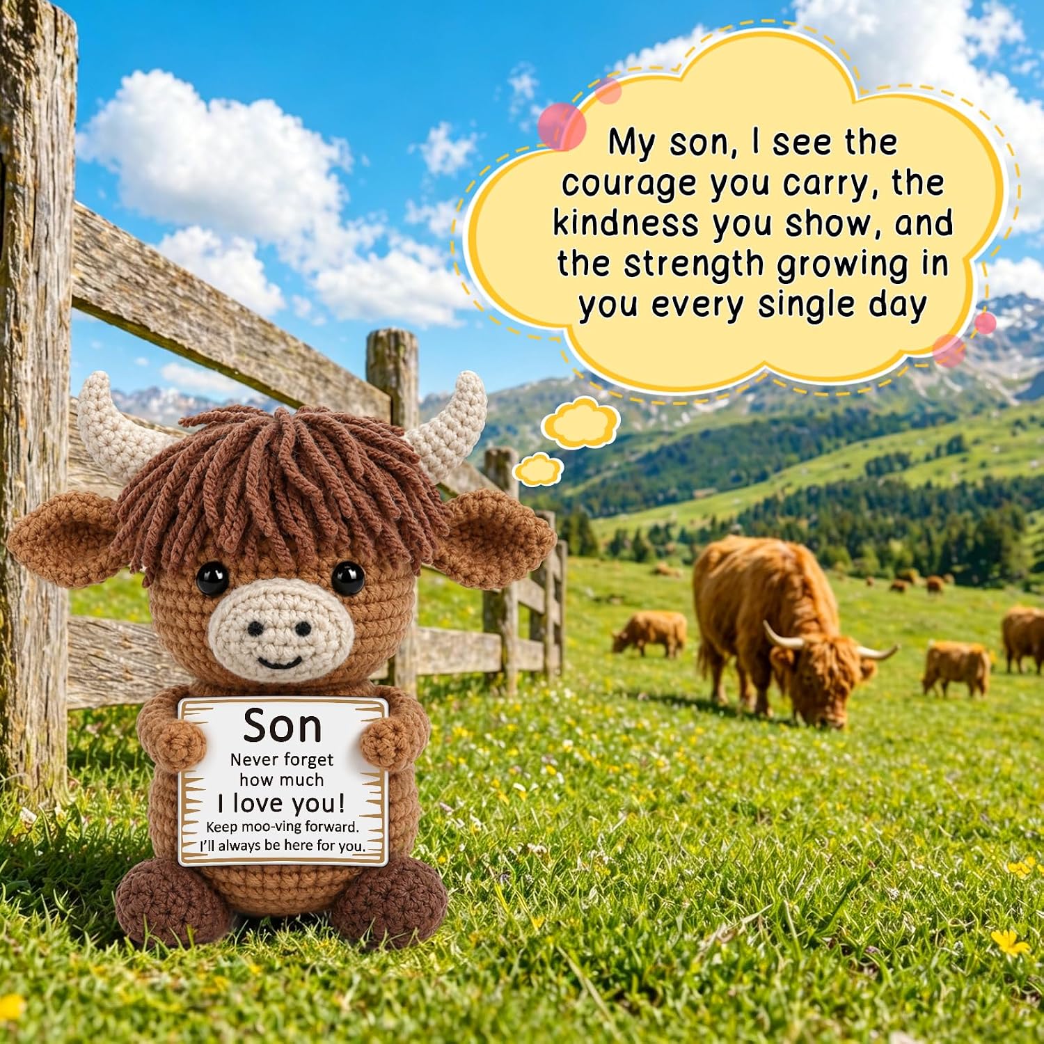 Funny Crochet Highland Cow Son Gifts from Mom Dad, Cute Birthday Gift for Kids Teen Adults Son In Law Bonus Step, I Love You Handmade Emotional Highland Cow Squishy Present, Graduation Gifts for Son