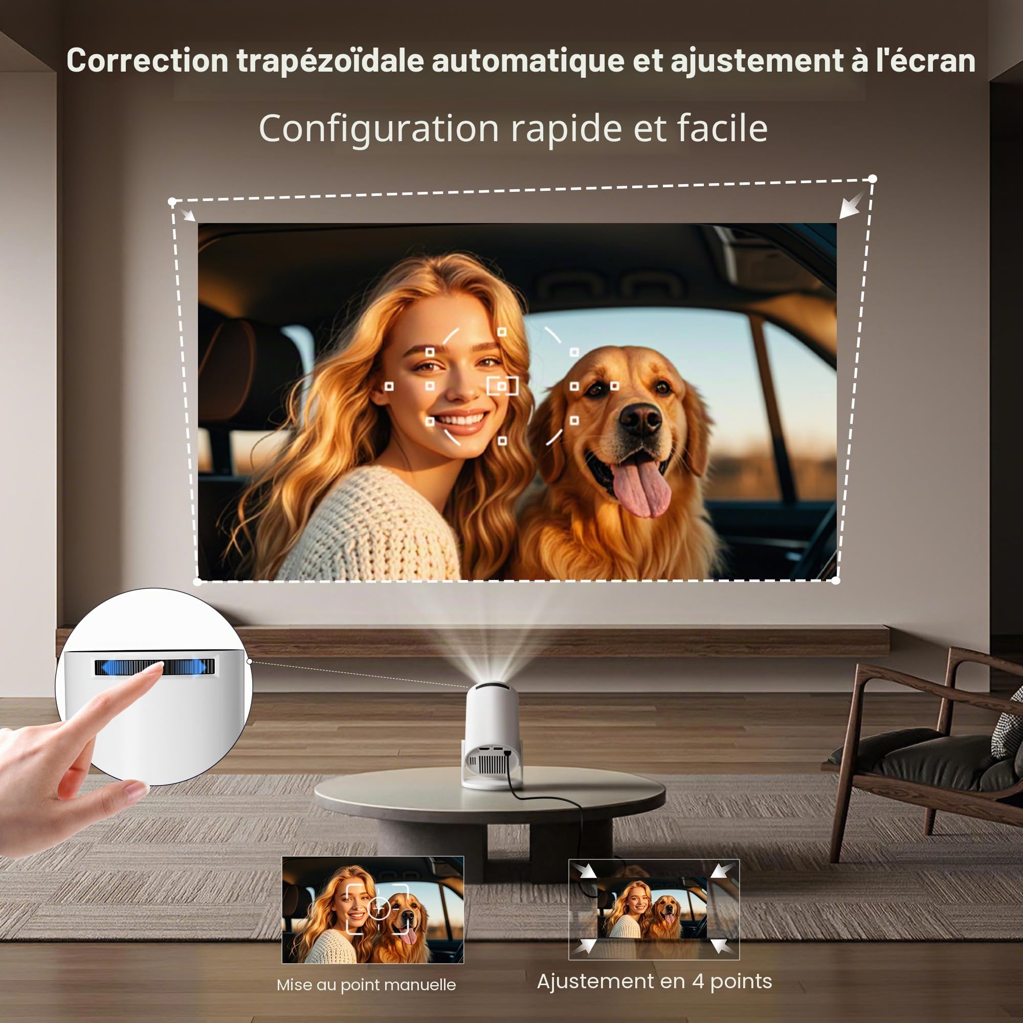 Applications intégrées Mise à Niveau 2026 Projecteur Intelligent avec Wi-Fi6&Bluetooth5.4, Prise en Charge 4K HD Full Correction Automatique du Keystone 360° Mini cinéma Portable pour iOS/Android