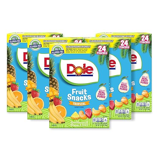 Dole Fruit Snacks, Tropical Flavors - Individually Wrapped Pouches - Classroom-Friendly, Plant-Based, Top 9 Allergen Free, No Artificial Dyes, Natural Fruit Purée - 5 Boxes, 120 Total Pouches
