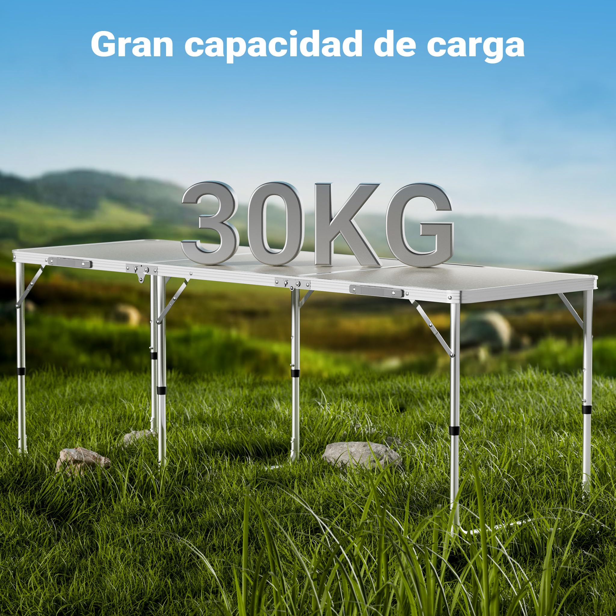 Mesa de Camping Plegable 180x60x70cm Ajustable en Altura 55/62/70cm portátil Multifuncional