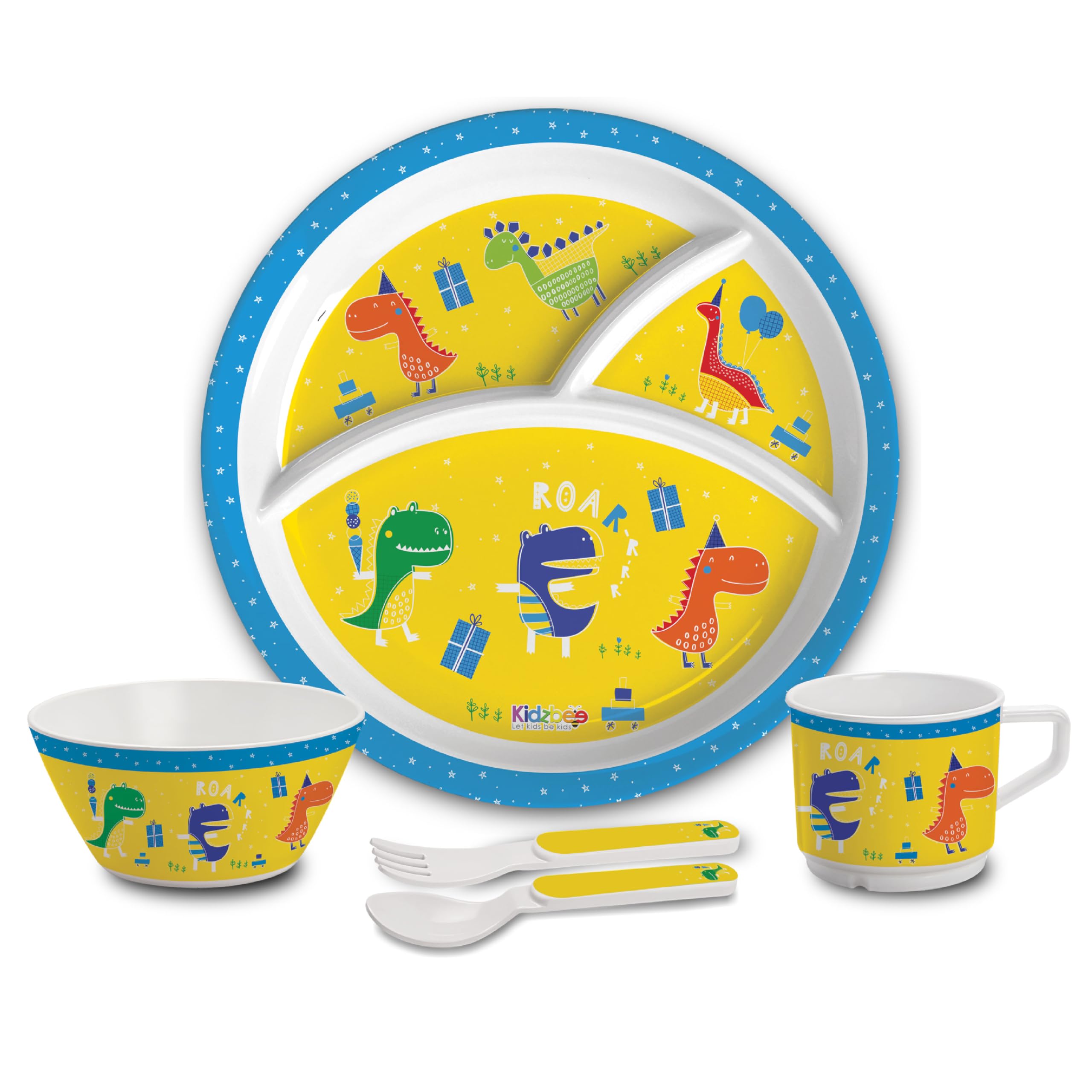 Cello Kidzbee Trioplate Dino Party Melamine Meal Set for Kids | BPA Free and Food-Grade Material | Attractive and Kidfriendly Designs | Break Resistant & Durable Set | Set of 5, Yellow-image-26