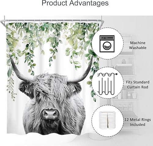 Miniatura 5 de AMBZEK Highland - Cortina de ducha de vaca de 60 pulgadas de ancho x 72 pulgadas de largo, divertido juego de decoración de baño de poliéster con 12