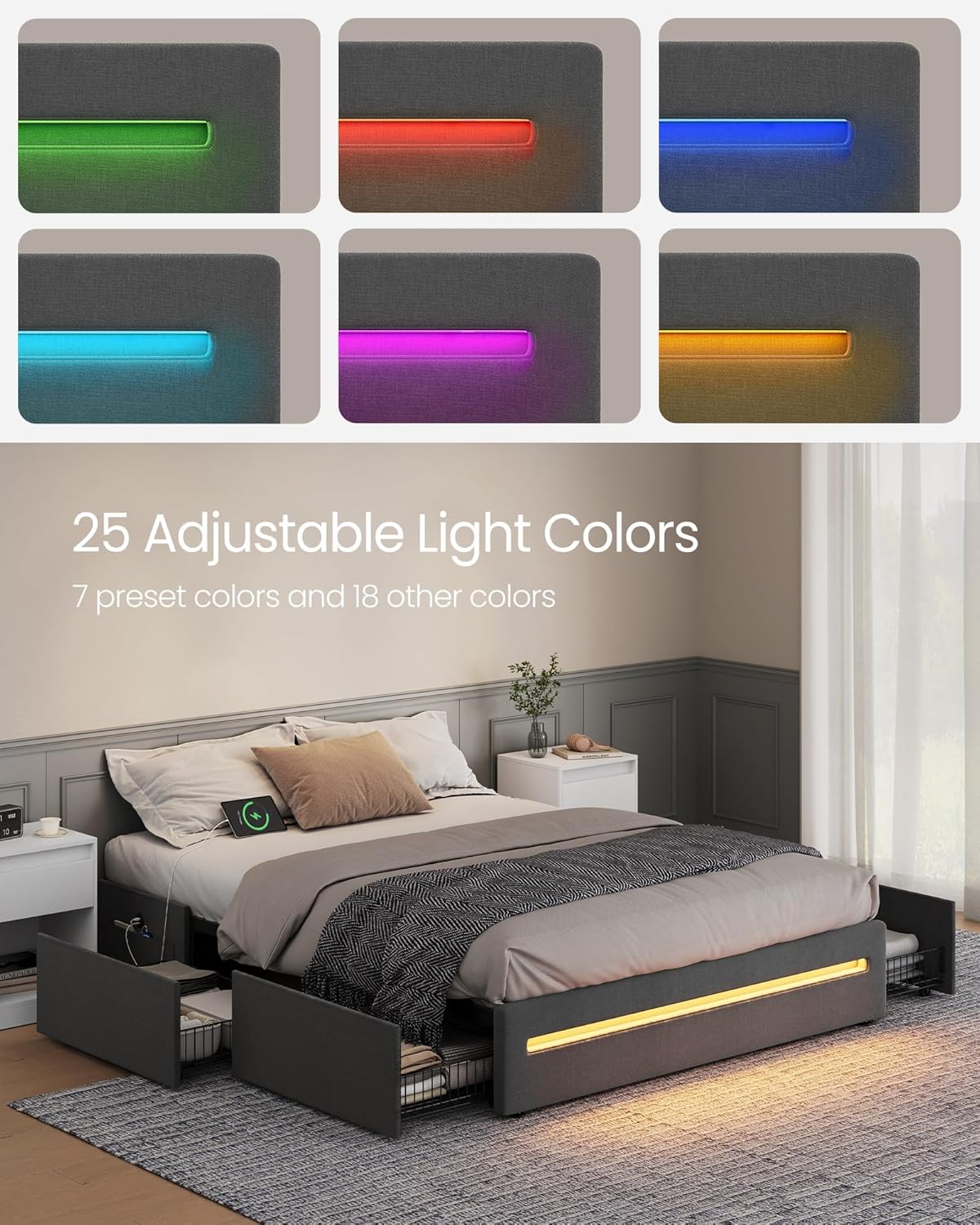 VASAGLE LED Bed Frame Queen Size with 4 Drawers and Charging Station, Queen Bed Frame with 1 USB Port and 1 Type C Port, Steel Slats, No Box Spring Needed, Dark Gray URMB831G71