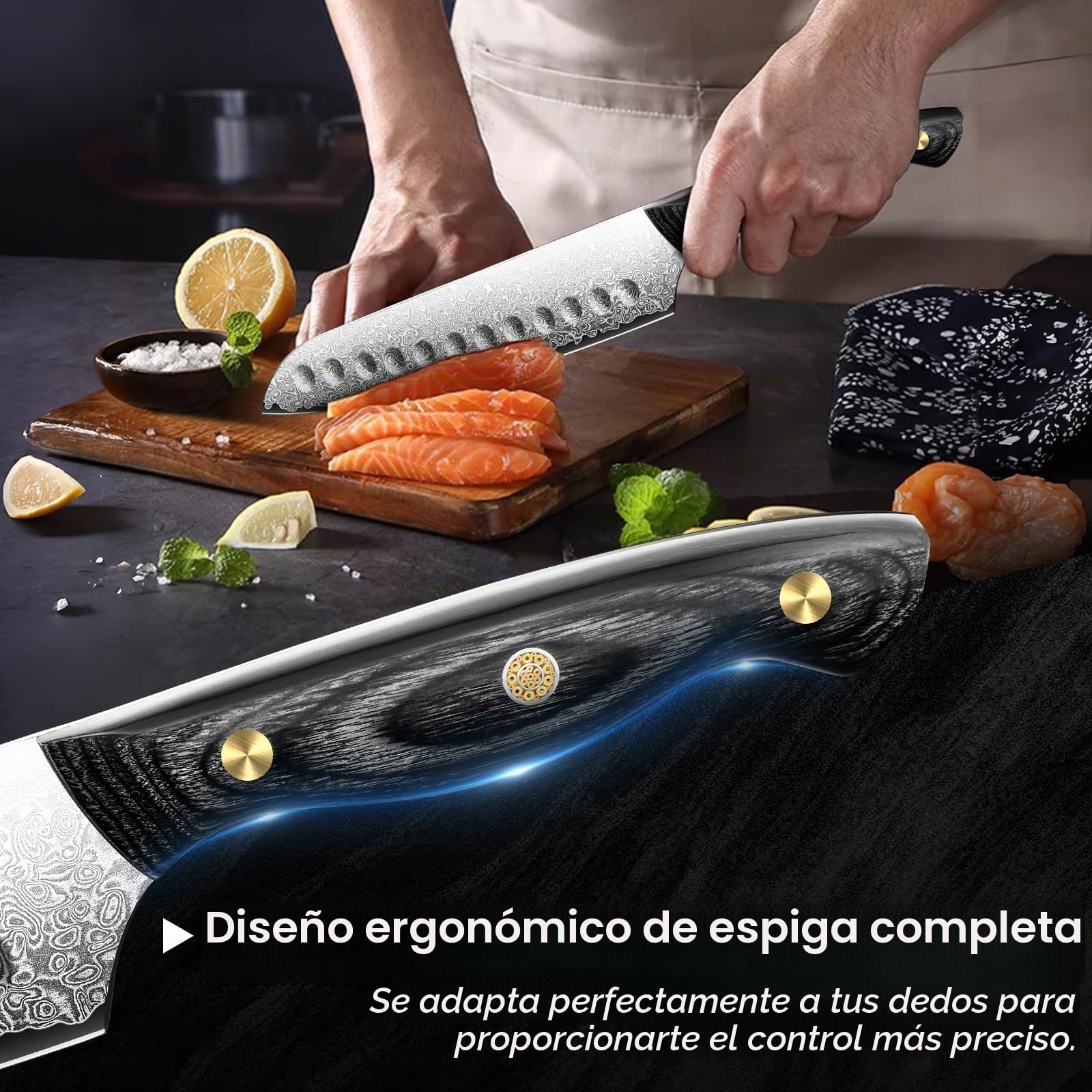 Purple Dragon Cuchillo Santoku Damasco, Acero VG10, Mango Madera Ergonómico