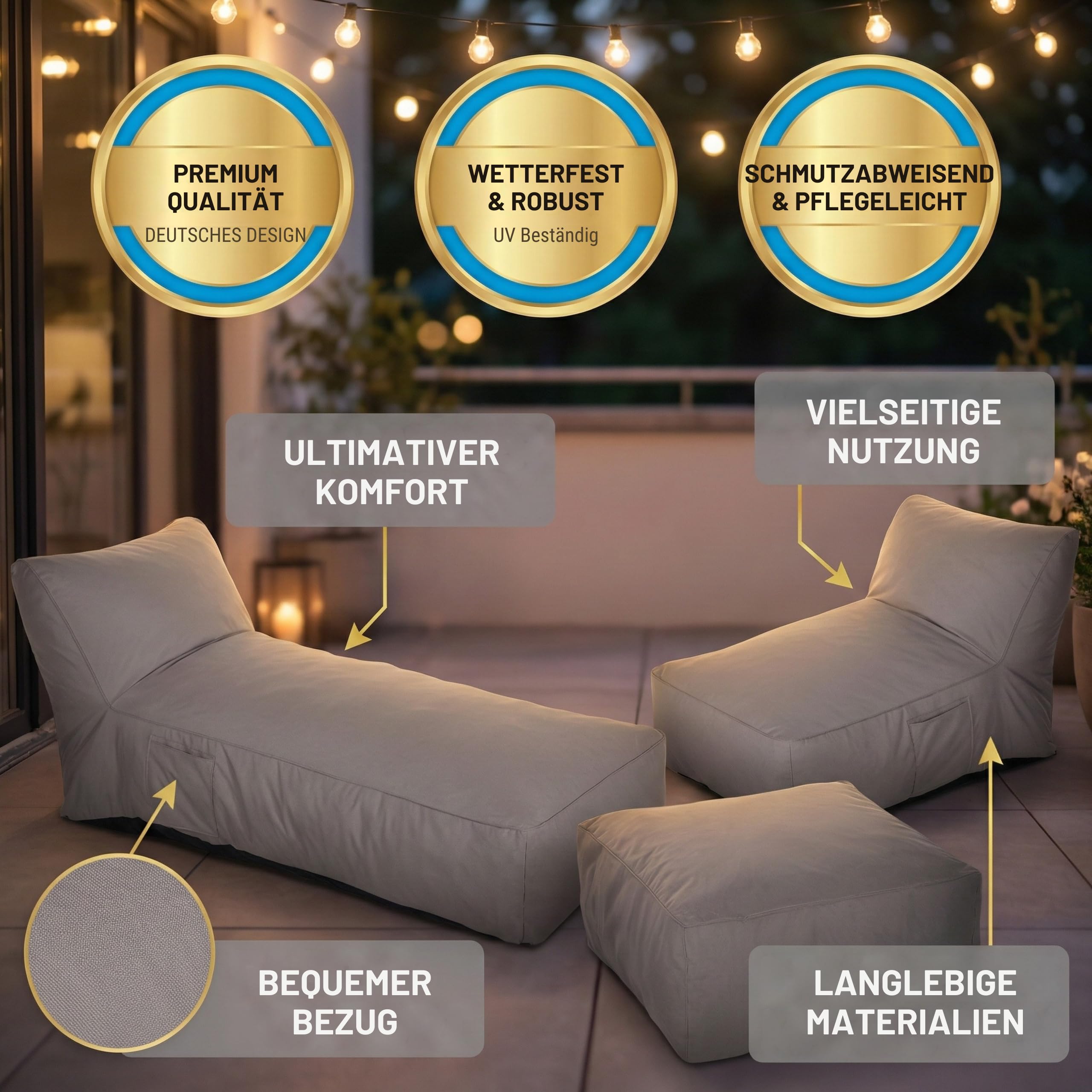Premium XXL Outdoor Sitzsack-Liege mit Memory Foam Füllung, wetterfest & UV-beständig, 600D Oxford Nylon, für Garten, Balkon, Pool (Beige/Hellgrau/Dunkelgrau) (Dunkelgrau, Sitzsack lang)