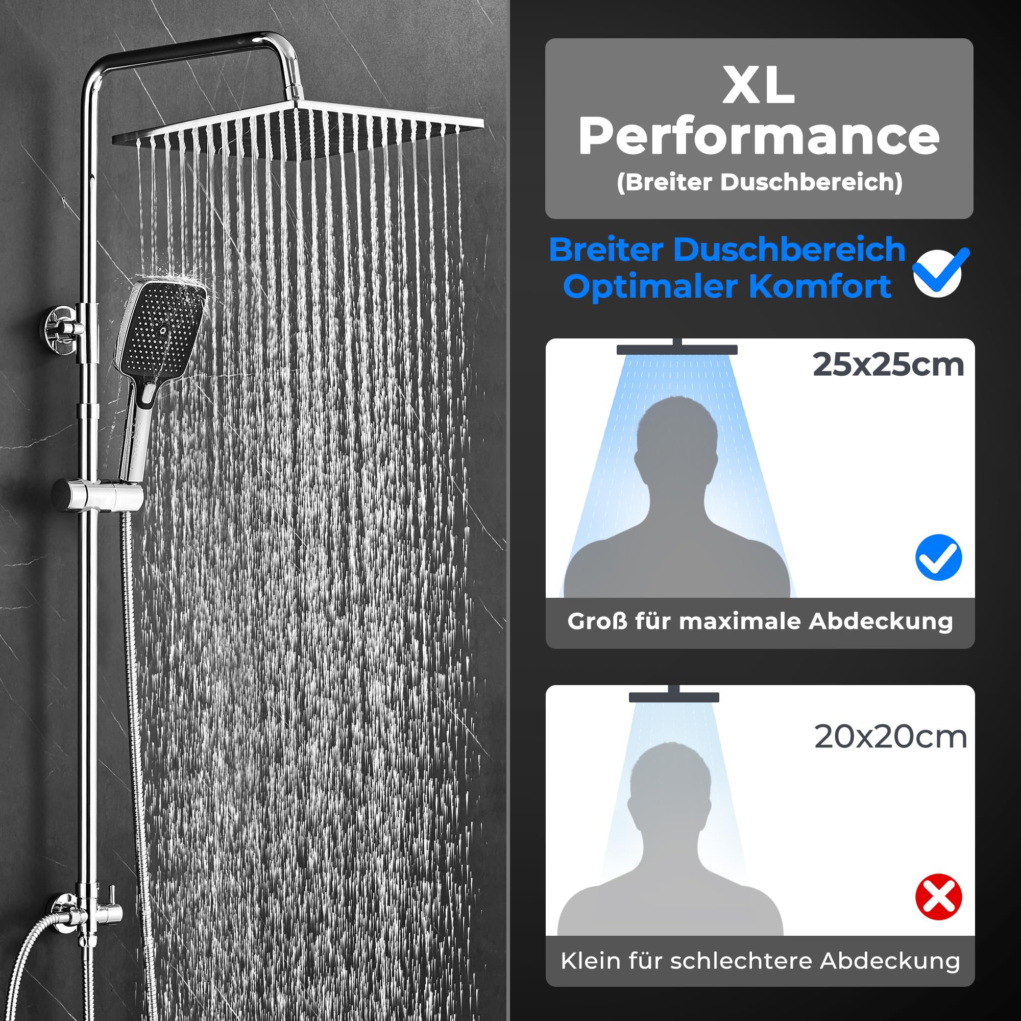 JOHO Colonne de douche effet pluie en acier inoxydable sans robinetterie, barre de douche réglable de 74 à 114 cm, tête supérieure extra-épaisse 25 x 25 cm antirouille, chromée