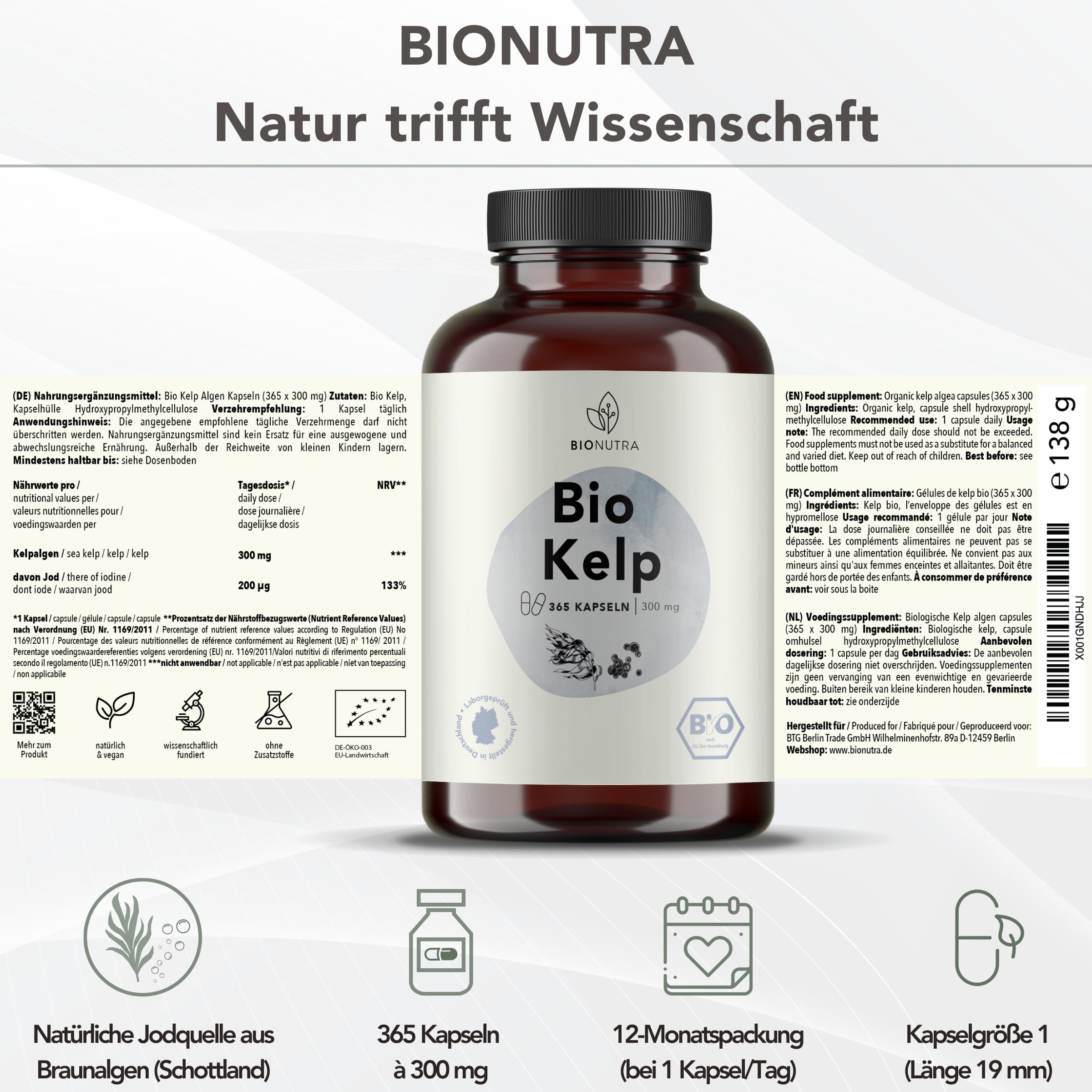 BIONUTRA Bio Jod Kapseln aus Kelp, 365 Stk. à 300 mg, mit 200 µg Jod | Bio Kelp aus Schottland, rückstandskontrolliert, ohne Zusätze, vegan, deutsche Herstellung aus Kelp Bio Braunalgen