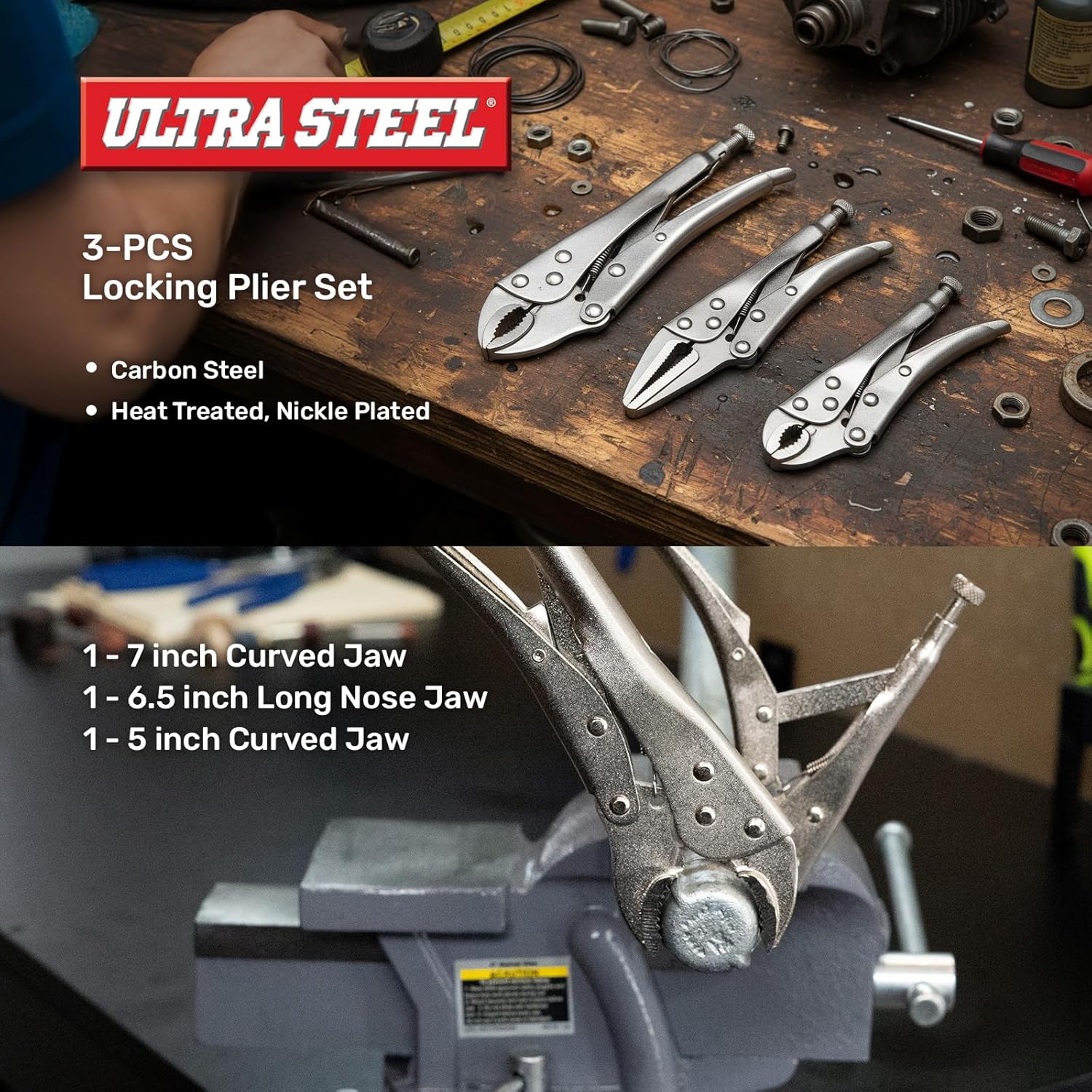 10 Piece Wrench and Plier Set, Heat Treated Carbon Steel, Locking Pliers, Vice Wrenches, Diagonal, Long Nose, Slip Joint, Lineman, Groove Joint, Adjustable Wrench