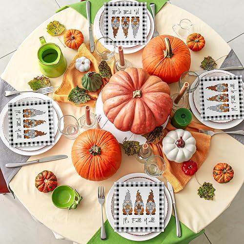 Miniatura 7 de AnyDesign Paquete de 80 servilletas de papel desechables de otoño con texto en inglés "It's Fall Y'all" Servilletas de almuerzo a cuadros, gnomo de
