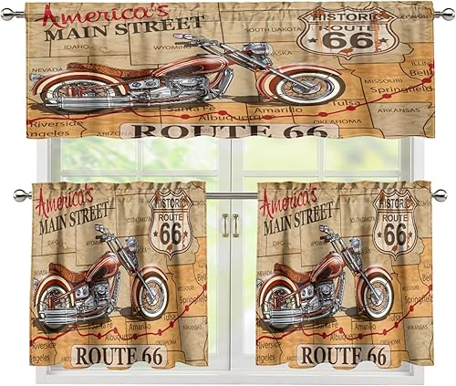 Miniatura 5 de Route 66 Cortinas rústicas de cenefa, retro antiguo coche antiguo clásico de automóvil, motocicleta, decoración de ventanas, cortinas con bolsillo
