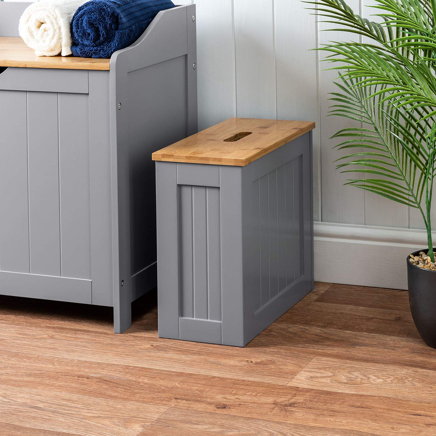 CHRISTOW Small Bathroom Storage Unit, Grey & Bamboo Toilet Roll