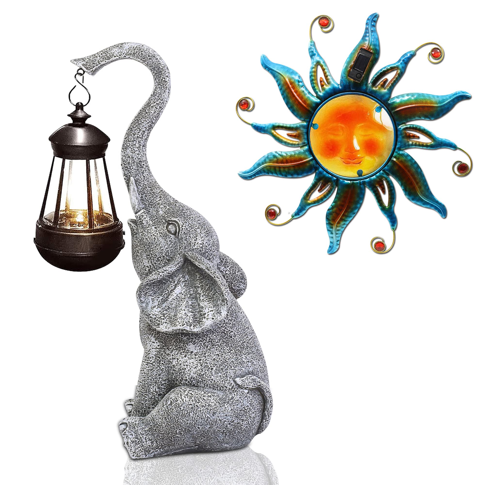 Goodeco Elephant Statue for Garden Decor with Gift Appeal & Solar Sun Face Wall Decor - Garden Decor Made Easy, Good Luck Gifts for Women, Mom Gifts