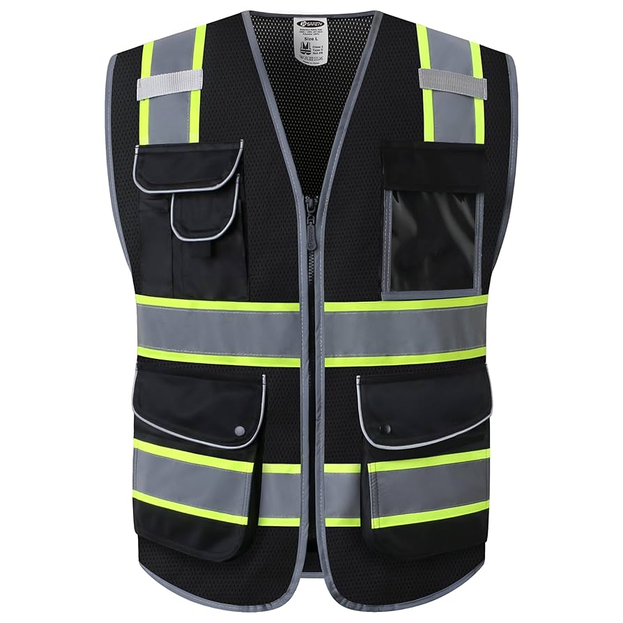 JKSafety 9 Pockets High Visibility Zipper Front MESH Black