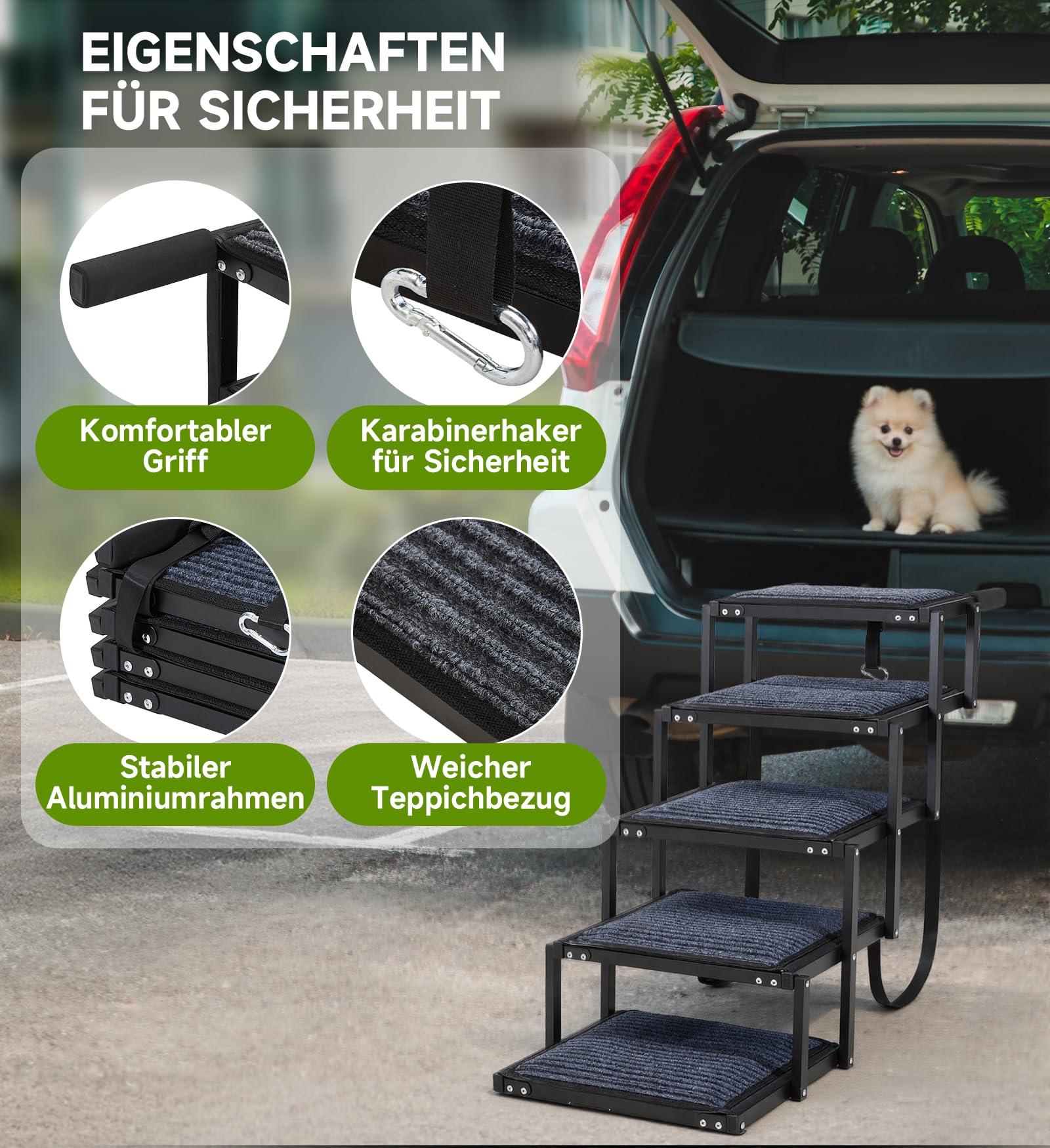 The Fellie Hunderampe, 5-stufige Hunderampe Auto Klappbar, Extra Stabile Hundetreppe mit Anti-Rutsch-Treppe, Liechte Hundetreppe für Kleine&Große Hunde, Hunde Unterstützung bis zu 250 lbs