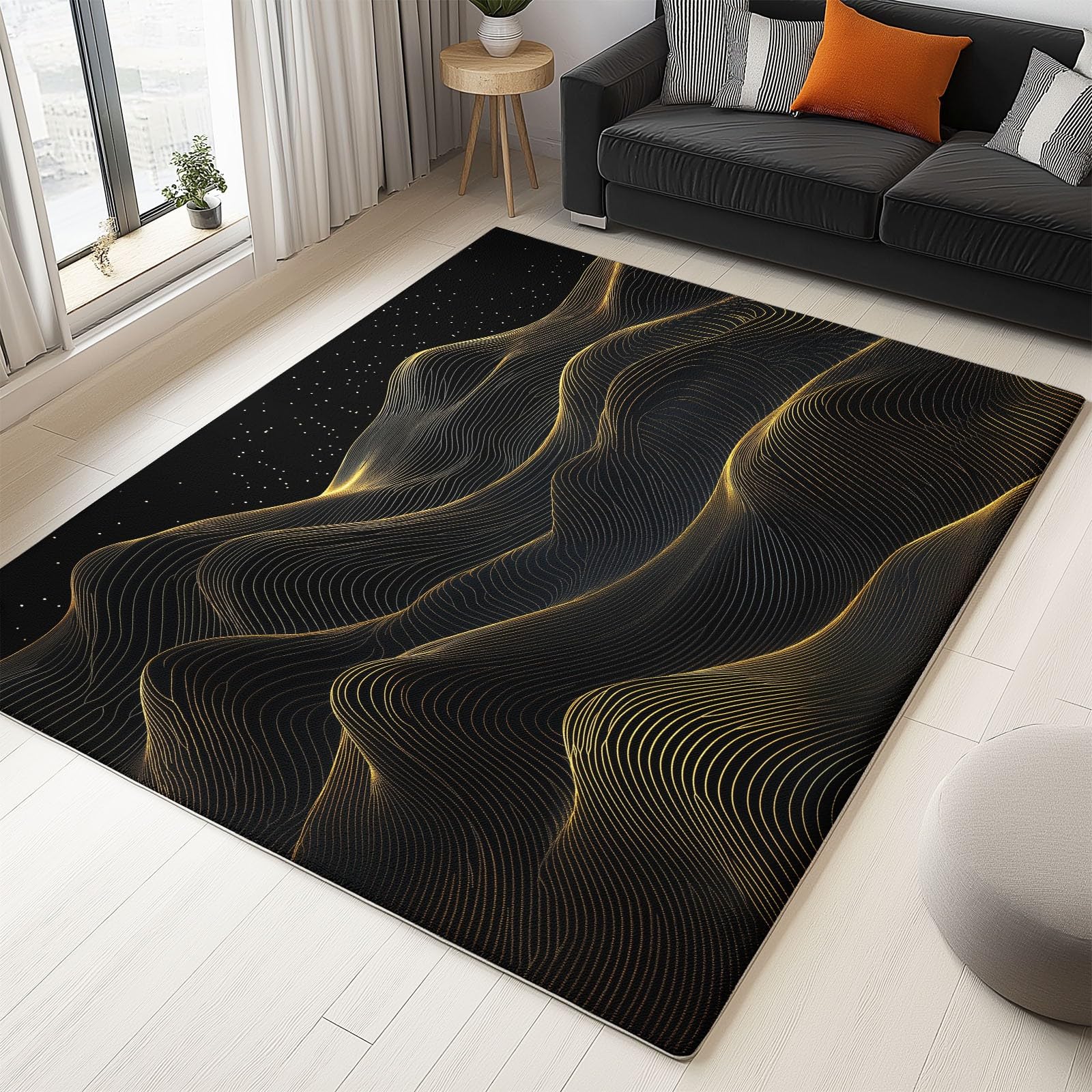 Tapis Poils Courts Moderne 120x180cm Vagues Abstraites en Or Noir Tapis Salon Lavables Antidérapant Doux, Effet Impression 3D, pour Chambre Cuisine Salle à Manger Bureau