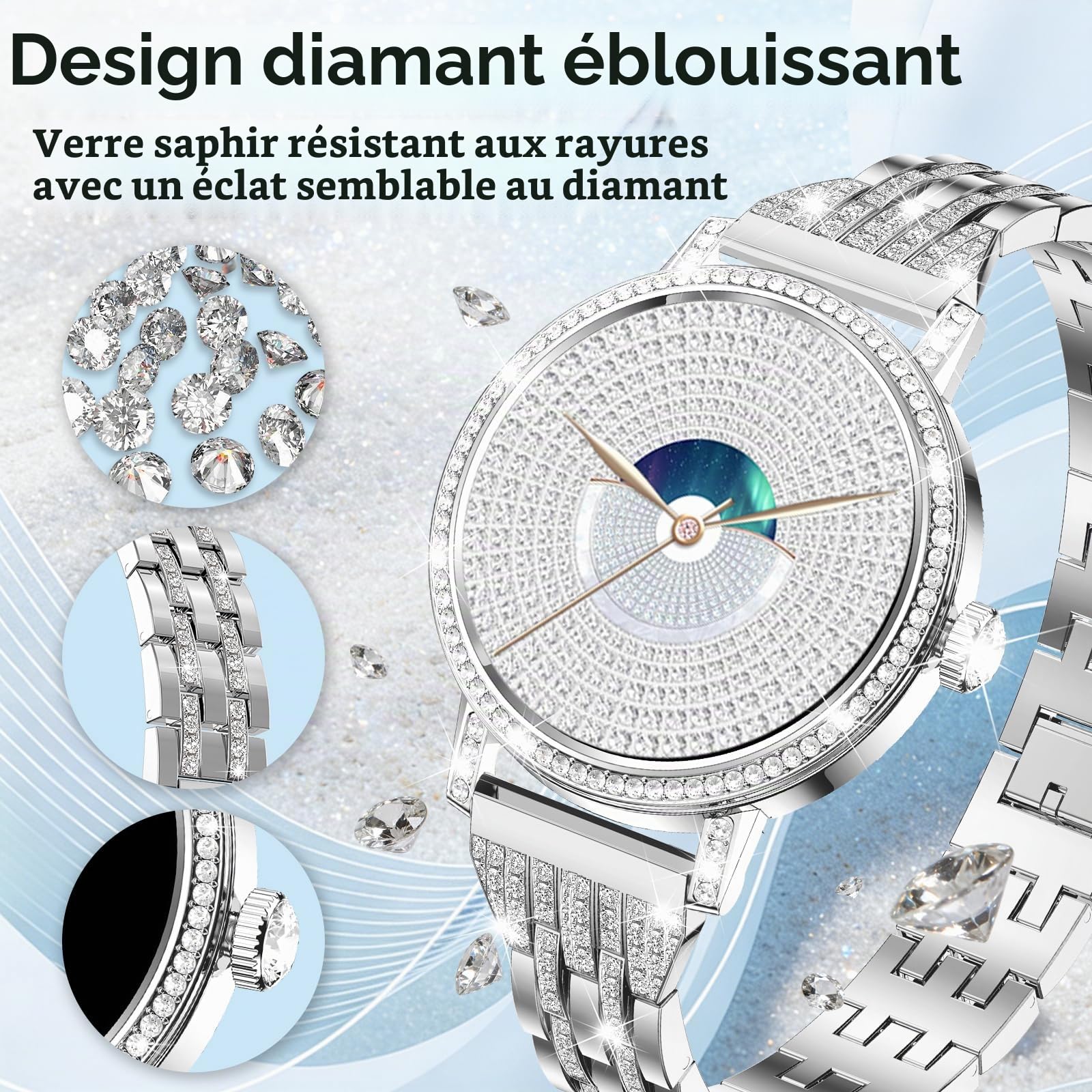 Montre Connectée Femme avec Diamant,3 Bracelets,1,27" HD appels Bluetooth Smartwatch,Fréquence Cardiaqu/Sommeil/SpO2/Féminine/Calories,IP68,120+ Sportif Podomètre Tracker pour Android/iOS,Argent