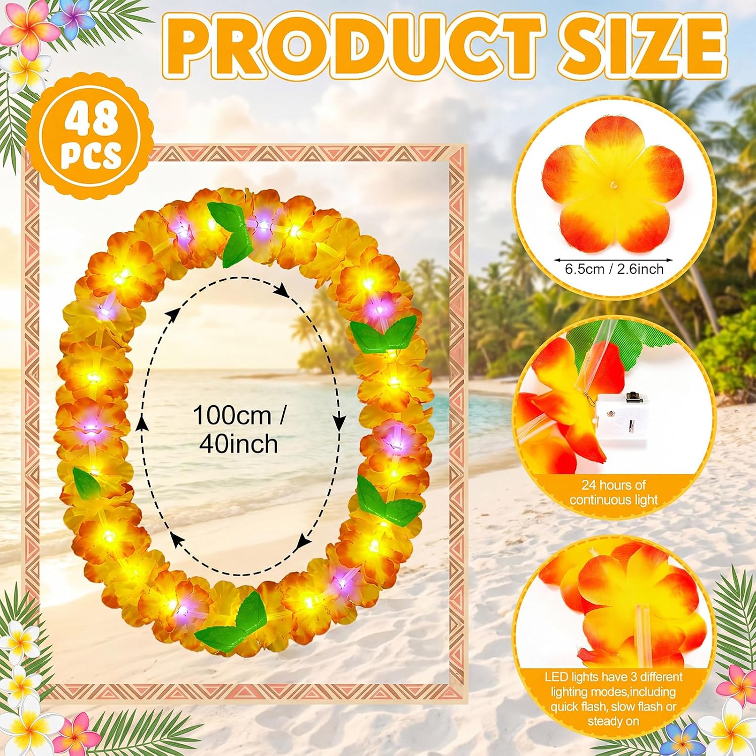 Sherr 48 Pcs Light up Leis LED Hawaiian Necklaces,Seaside Sunset Hues | LED Leis, Luau Tropical Party Supplies, Beach Wedding Decor, Glowing Necklaces for Themed Events