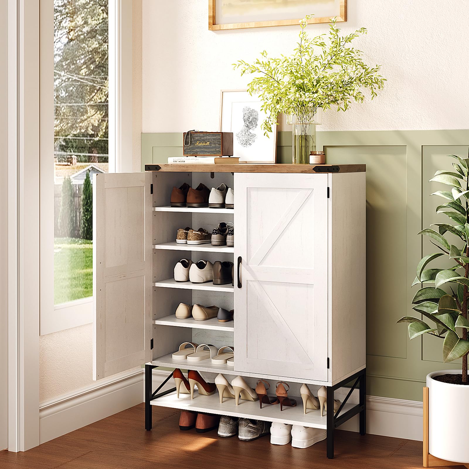 Bonnlo White Shoe Cabinet,Shoe Rack with 2 Doors,Storage Cabinet with 1 Shelf & Metal Legs, Vintage Cupboard Organizer for Hallway Entryway,80.3×36.1×106cm